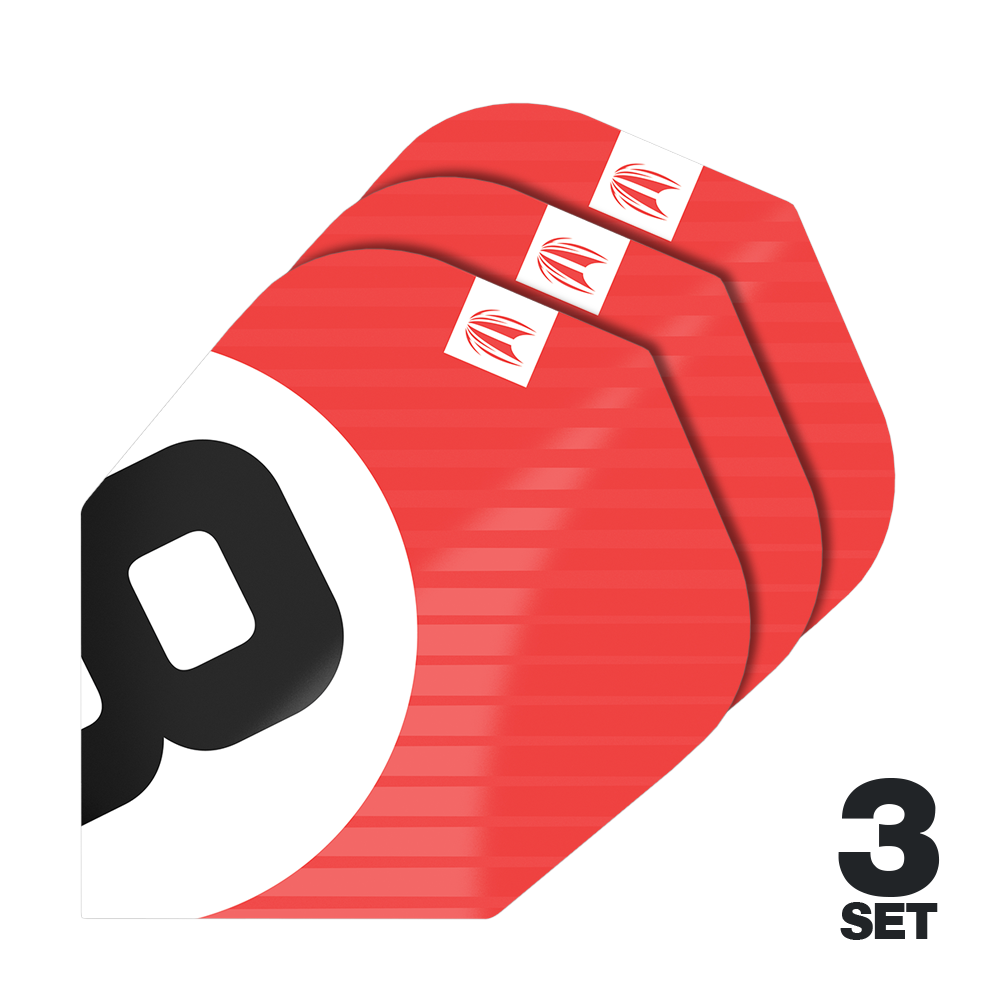 Letenky Target Pro Ultra Chicane Red No6 – 3 sady Das Bild zeigt drei Sätze der Target Pro Ultra Chicane Red No6 Flights. Die Flights sind überwiegend rot mit einem schwarzen und weißen Design sowie einem kleinen Logo in der Ecke.
