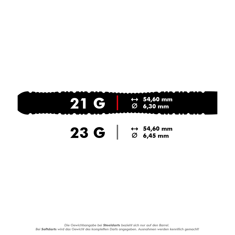 Dardos de acero Winmau Brendan Dolan Dieses Bild zeigt die technischen Daten von Steeldarts mit 21 und 23 Gramm. Die Länge beträgt jeweils 54,60 mm, der Durchmesser beträgt 6,30 mm bei 21 g und 6,45 mm bei 23 g.
