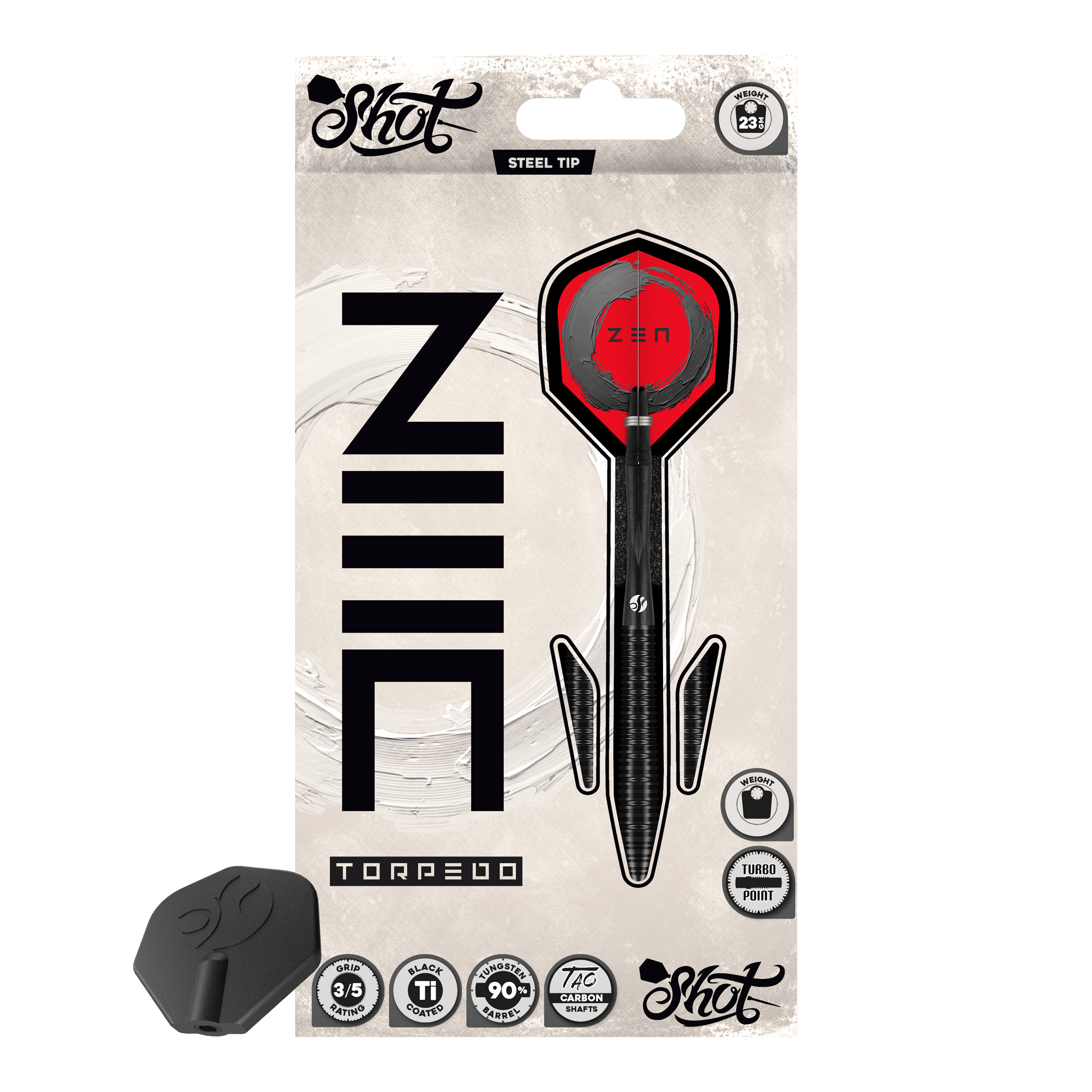 Shoty ZEN Torpedo Turbo Point Steel Darts - 23g Die Shot ZEN Torpedo Turbo Point Steeldarts mit 23g werden aus einer anderen Perspektive gezeigt. Die Oberfläche und die Details der Darts sind gut zu erkennen.
