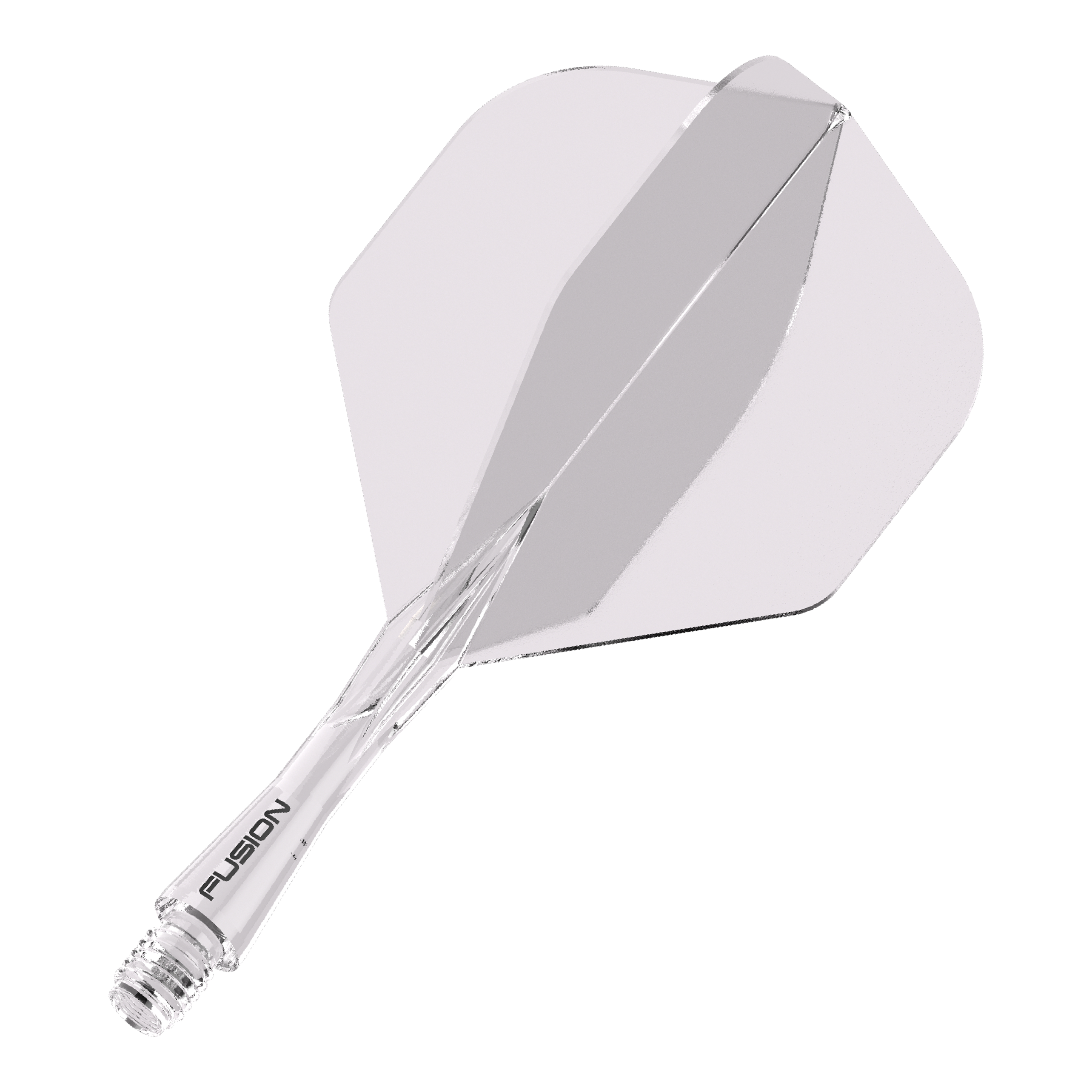 Winmau Fusion Flight-Shaft-System Standard Clear Das Bild zeigt ein durchsichtiges Dartflight- und Shafts-System. Auf dem Schaft steht das Wort "FUSION".