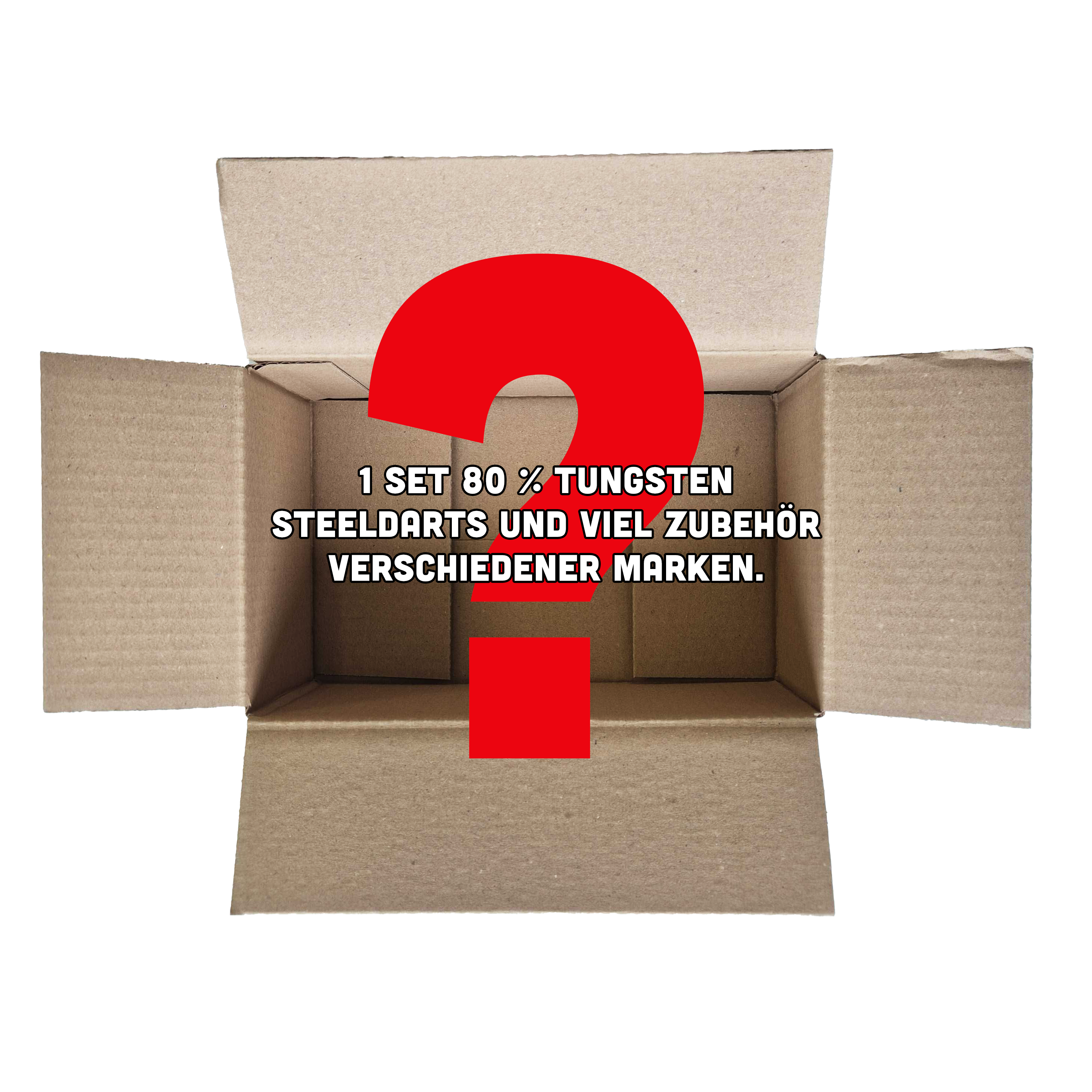 Das Bild zeigt einen offenen, leeren Karton mit einem großen roten Fragezeichen darauf. Auf dem Karton steht der Text: "1 Set 80 % Tungsten Steeldarts und viel Zubehör verschiedener Marken."