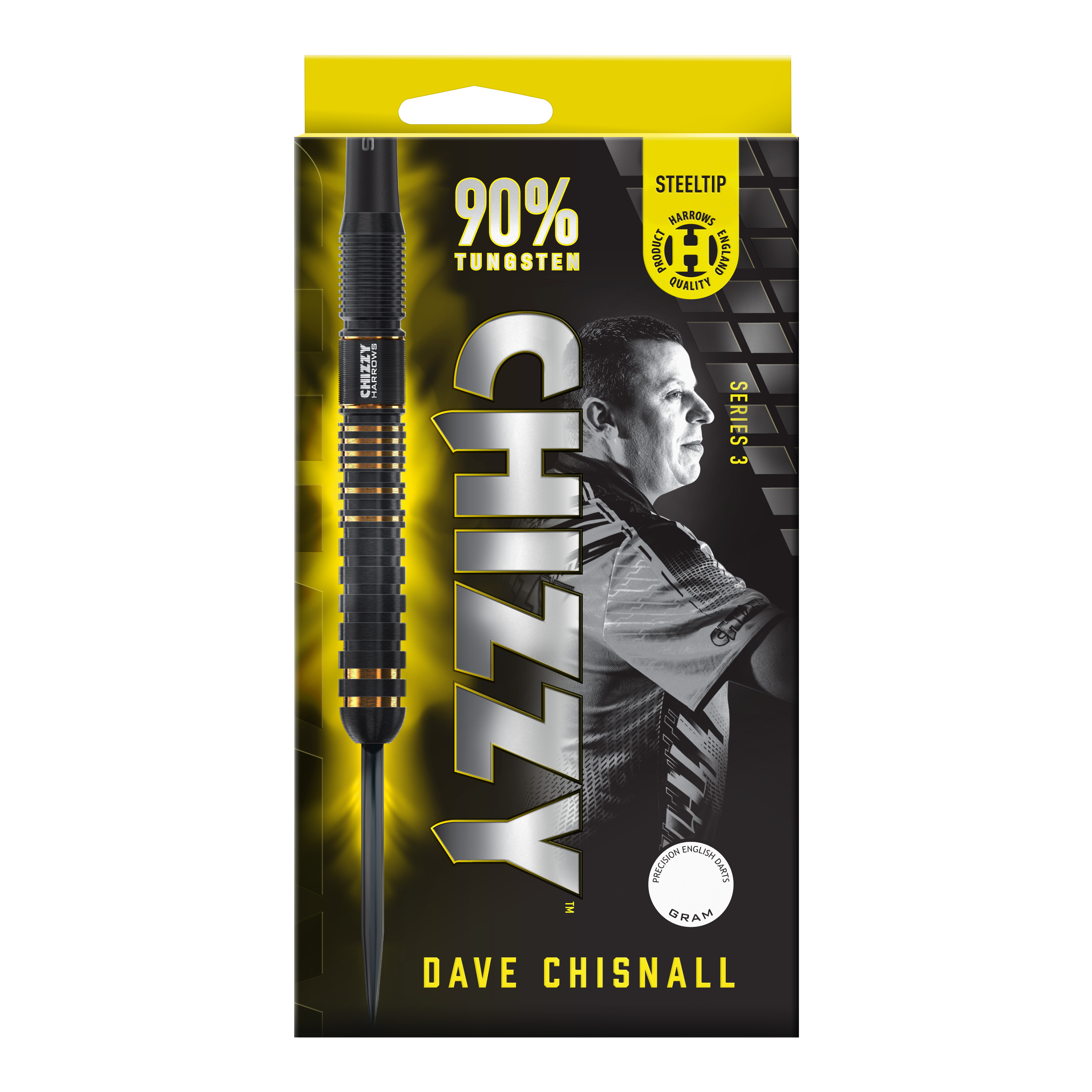Stalowe lotki Harrow's Dave Chisnall Chizzy Series 3 Das Bild zeigt eine Verpackung der "Harrows Dave Chisnall Chizzy Series 3 Steeldarts". Auf der Verpackung steht, dass die Darts aus 90% Tungsten bestehen und für professionelle Qualität stehen.
