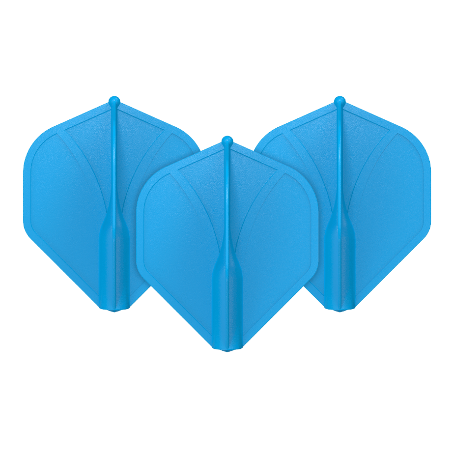 Auf dem Bild sind drei blaue Dart-Flights zu sehen. Sie haben eine geformte, stabile Struktur und sind nebeneinander angeordnet.