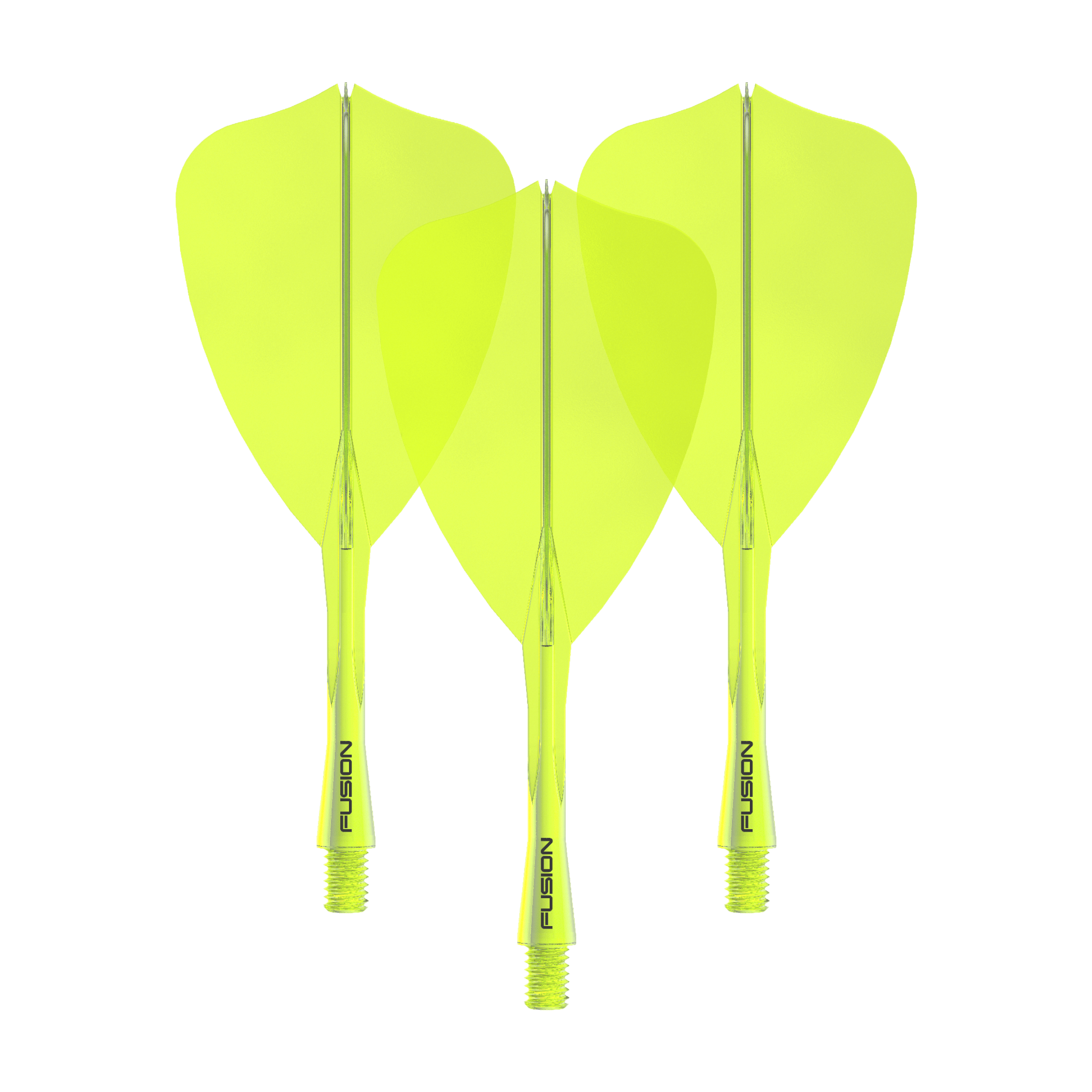 Winmau Fusion Flight-Shaft-System Arrow Neon Yellow Dieses Bild zeigt das Winmau Fusion Flight Shaft System Arrow Set in Neongelb mit einer Länge von 28 mm. Zu sehen ist vermutlich ein komplettes Dartset.