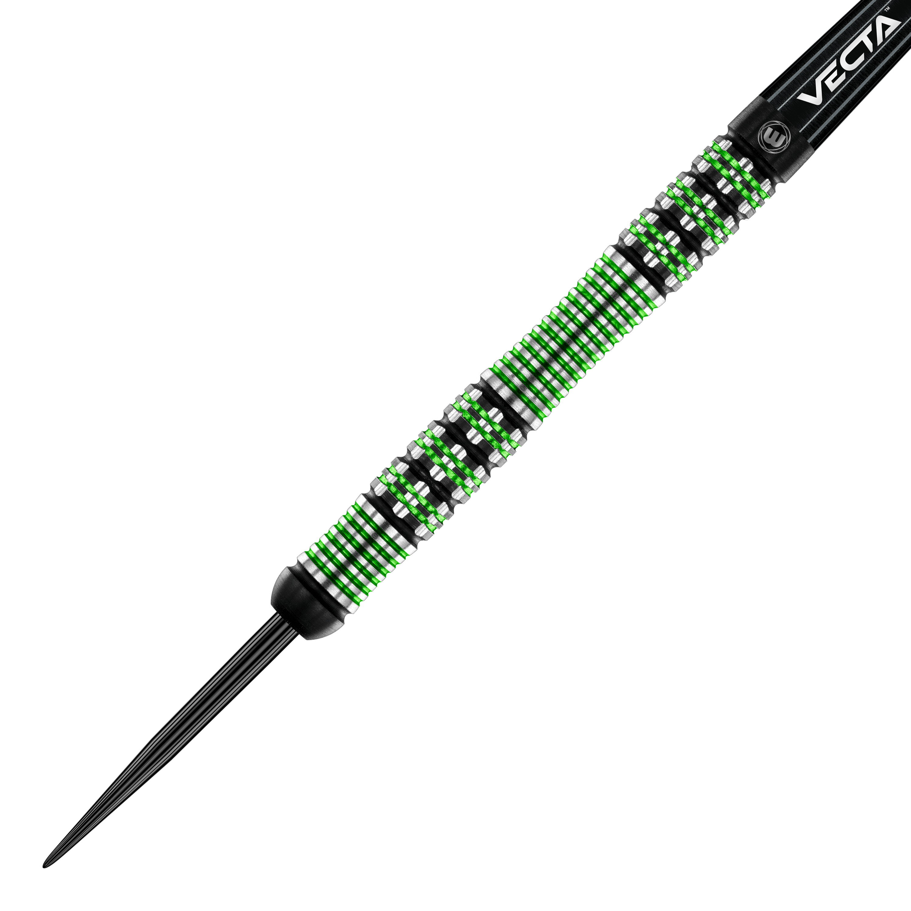 Dardos de acero Winmau Brendan Dolan Das Bild zeigt einen Winmau Brendan Dolan Steeldart. Der Dartpfeil hat ein auffälliges Design mit grünen und silbernen Ringen am Barrel.