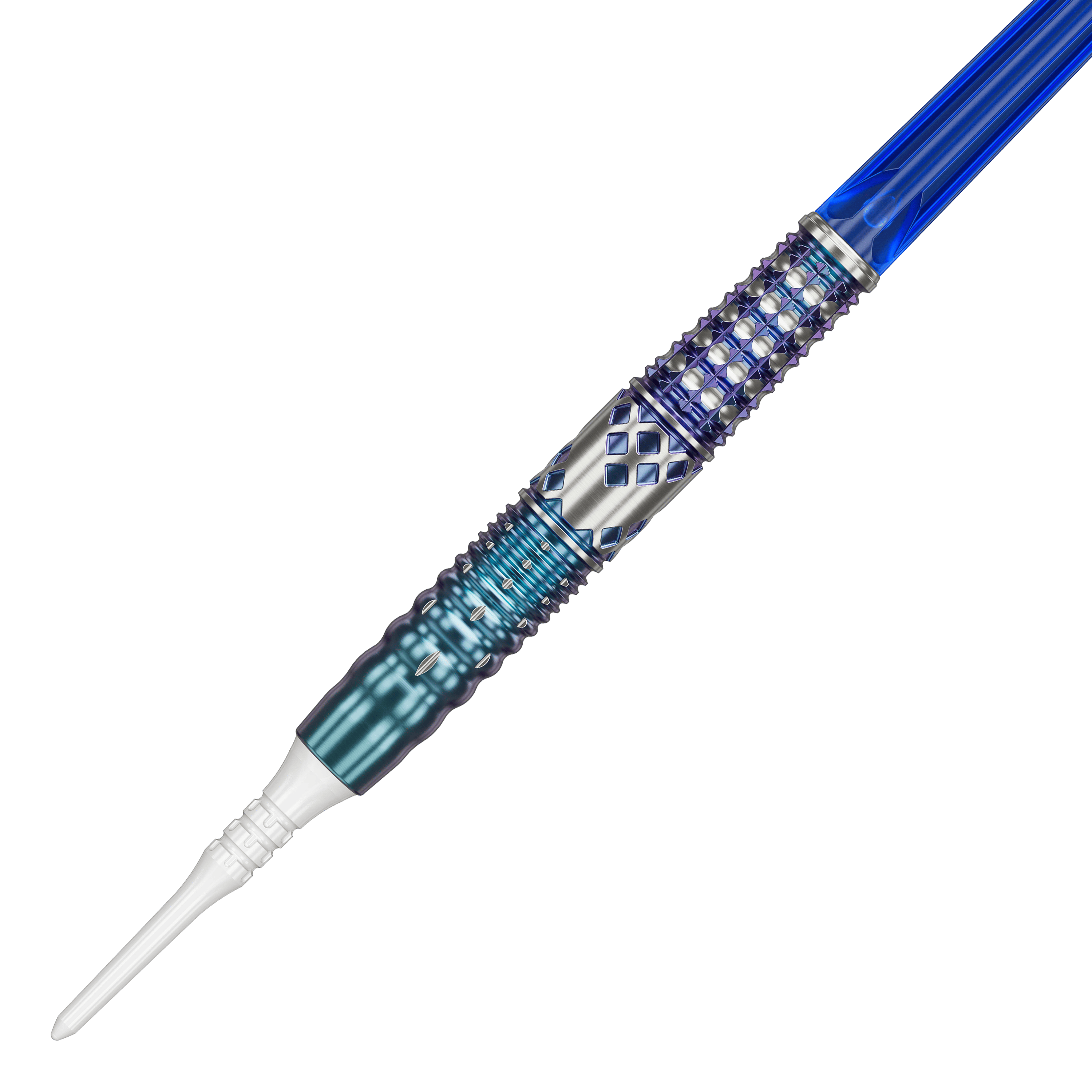 Dardos blandos Target Japan Cathy Leung Charis GEN5 - 19 g Dies ist ein Softdart namens "Target Japan Cathy Leung Charis GEN5 Softdarts - 19g". Er hat ein auffälliges Design mit blauen und silbernen Akzenten sowie strukturierter Oberfläche.