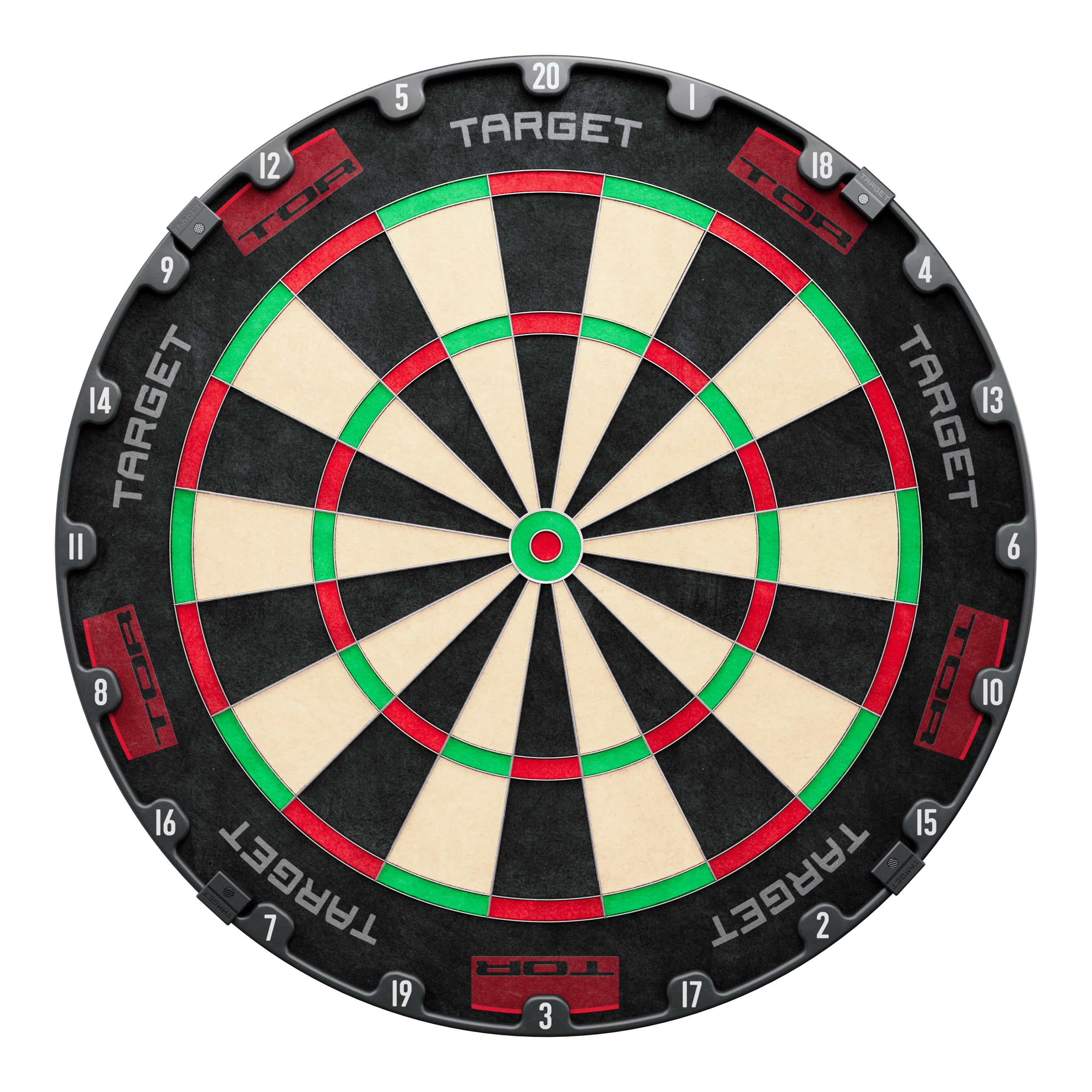 Target TOR Steeldartboard Target TOR Steeldartboard ist als rundes Dartboard klar abgebildet. Die Segmente und Zahlen sind sichtbar.
