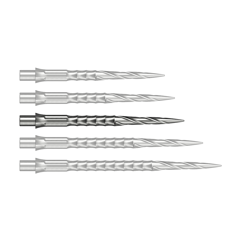 Stalowe groty do lotek Caliburn System - Spiro - NoLip - srebrne Zu sehen ist vermutlich eine Steeldartspitze in Silber, 32 mm lang. Das Produkt ist eine Spiro NoLip Spitze vom Caliburn Evo System.
