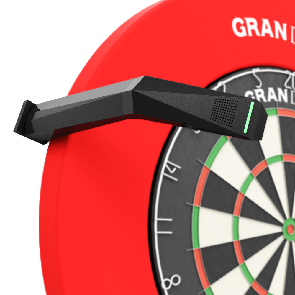 GranDarts Gran Eye GEN2 Steeldart automatyczny system punktacji Das Bild zeigt das GranDarts GranEye Steeldart Auto-Scoring-System, das über einem Dartboard installiert ist. Das schwarze Gerät erkennt automatisch die Treffer auf der Dartscheibe und wertet sie aus.