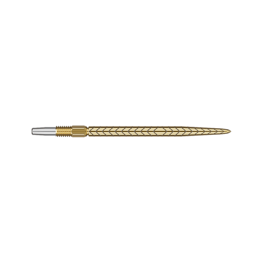 Target Swiss Point RVE Dartspitzen - Gold Das Bild zeigt eine goldfarbene Dartspitze mit einem feinen, eingravierten Muster. Die Spitze ist lang und hat ein elegantes, schlankes Design.