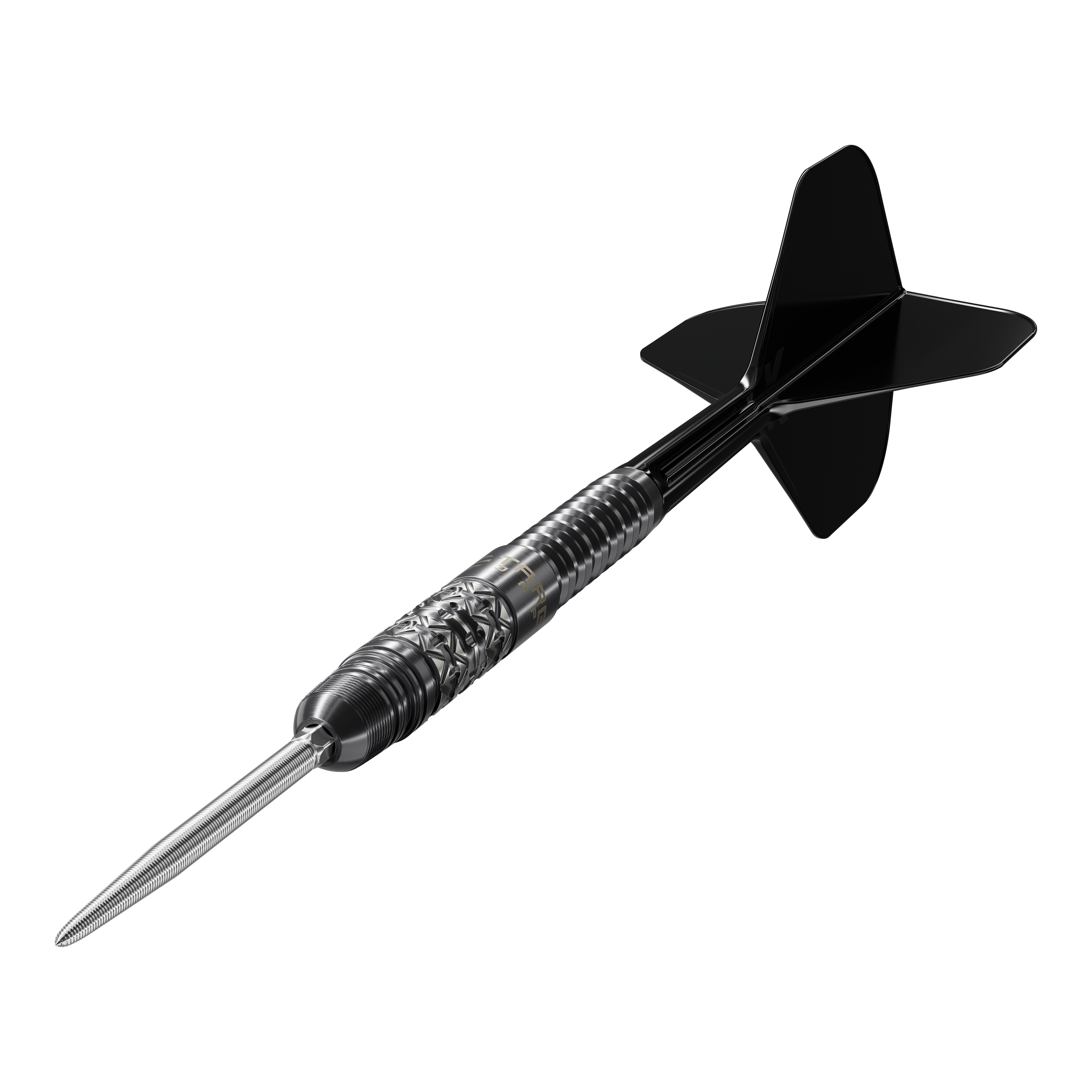 Das Produkt Target Japan Black Marque Creed Swiss Point Steeldarts - 23g ist zu sehen. Die schwarzen Darts stehen für hochwertige Verarbeitung.