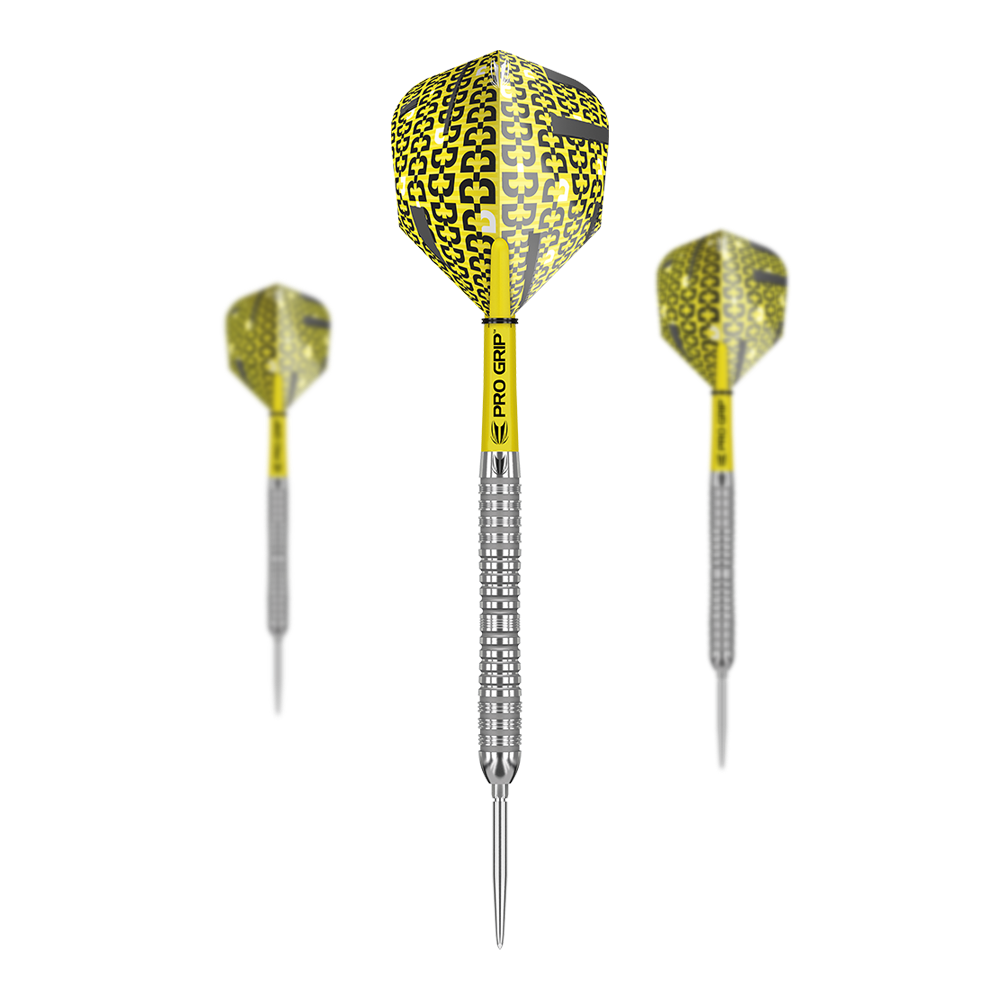 Dardos de acero Target Bolide 04 Swiss Point Das Bild zeigt drei Steeldarts des Modells "Target Bolide 04 Swiss Point" mit gelb-schwarzen Flights. Die Darts haben einen silbernen, geriffelten Schaft und gelbe "Pro Grip" Stiele.