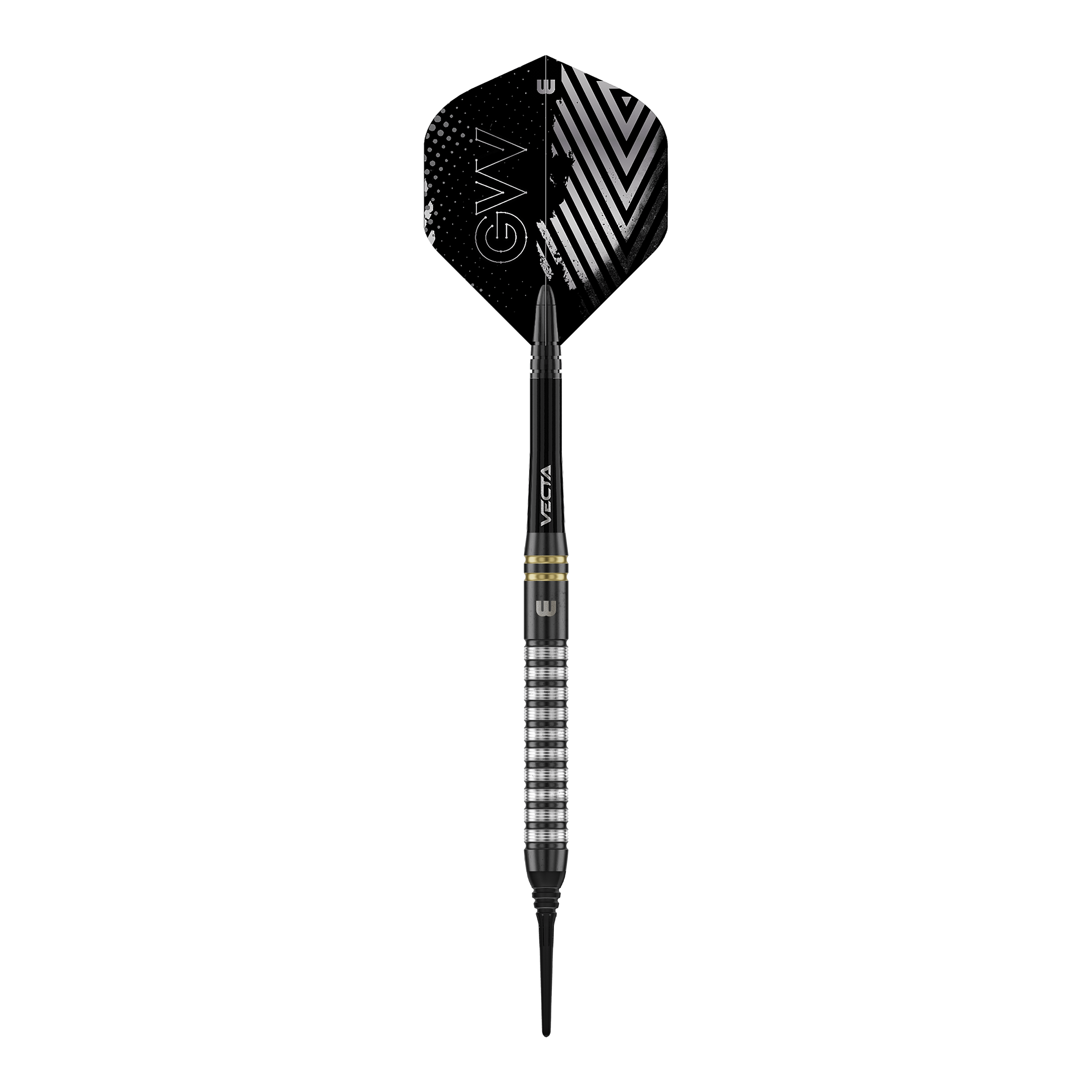 Winmau Gian Van Veen TS Softdarts - 18g Winmau Gian Van Veen TS Softdarts mit 18g werden aus der Nähe gezeigt. Ein einzelner Dartpfeil liegt im Fokus des Bildes.