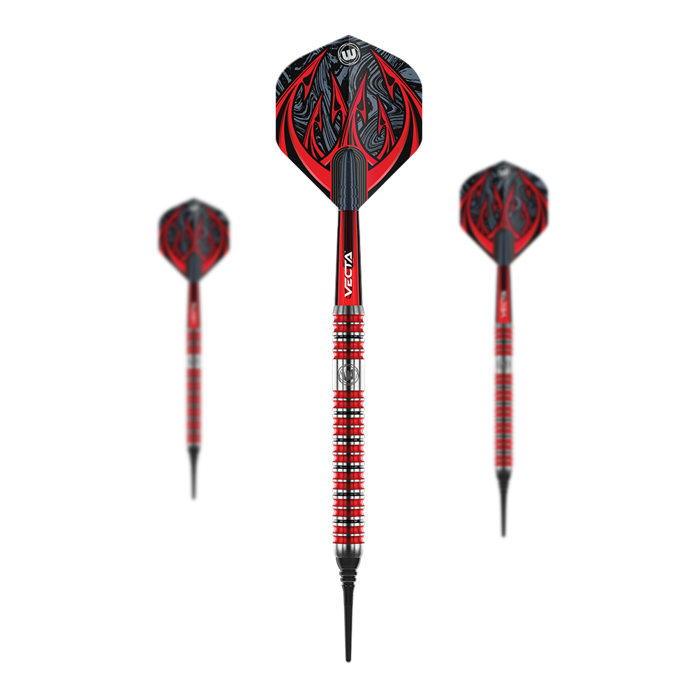 Winmau Diablo Parallel Softdarts - 20g Das Bild zeigt drei Winmau Diablo Parallel Softdarts mit einem Gewicht von 20 Gramm. Die Darts haben ein auffälliges rot-schwarzes Design mit silbernen Akzenten und Muster auf den Flights.