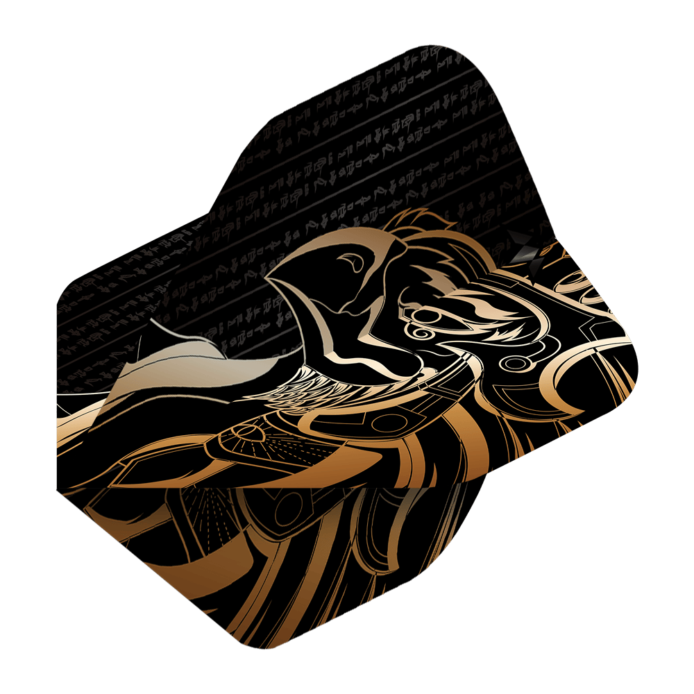 Standardní lety Mission Solo Horus No2 Das Bild zeigt das Produkt "Mission Solo Horus No2 Standard Flights". Das Design ist schwarz-gold mit einem stilisierten Horus-Motiv und ägyptischen Schriftzeichen.