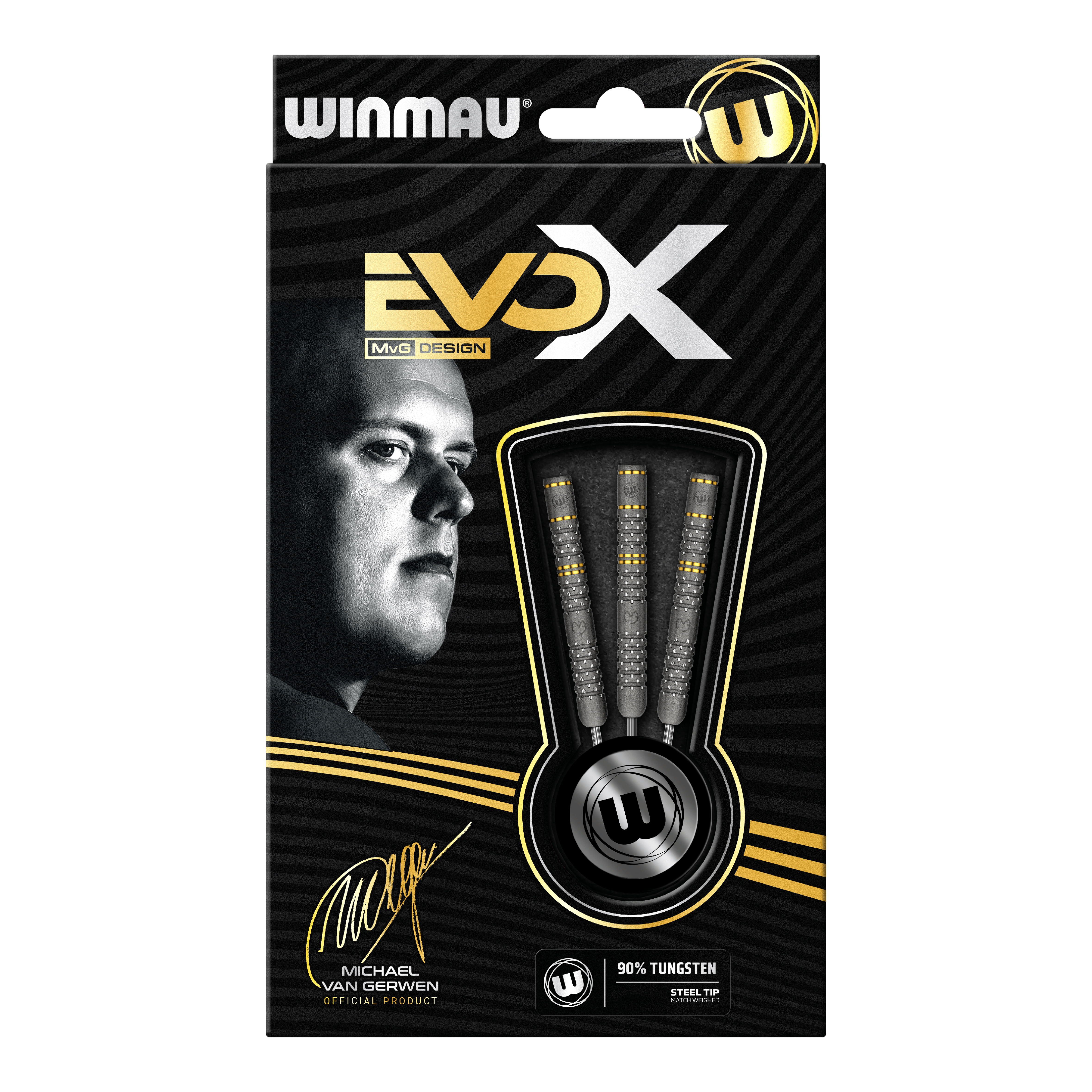 Ocelové šipky Winmau Michael Van Gerwen Evo-X Die Verpackung zeigt die "Winmau Michael Van Gerwen Evo-X Steeldarts" mit stilvollem Design und prominenter Abbildung von Michael Van Gerwen. In der Packung sind drei Steeldarts mit 90% Tungsten-Anteil sichtbar.