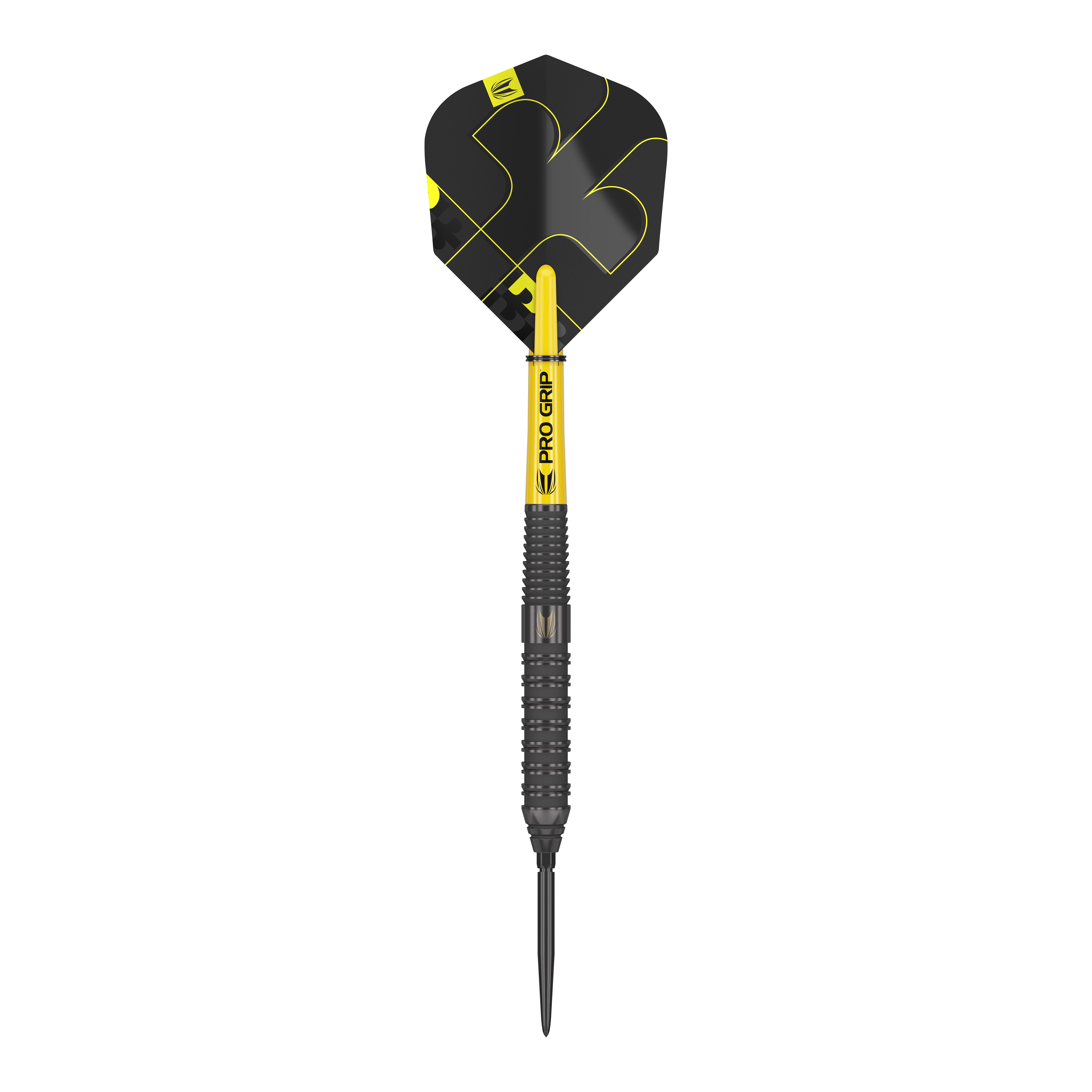 Target Bolide Void 02 Swiss Point steel darts Das Bild zeigt einen Target Bolide Void 02 Swiss Point Steeldart. Der Dartpfeil ist schwarz mit gelben Akzenten und hat eine strukturierte Griffoberfläche.