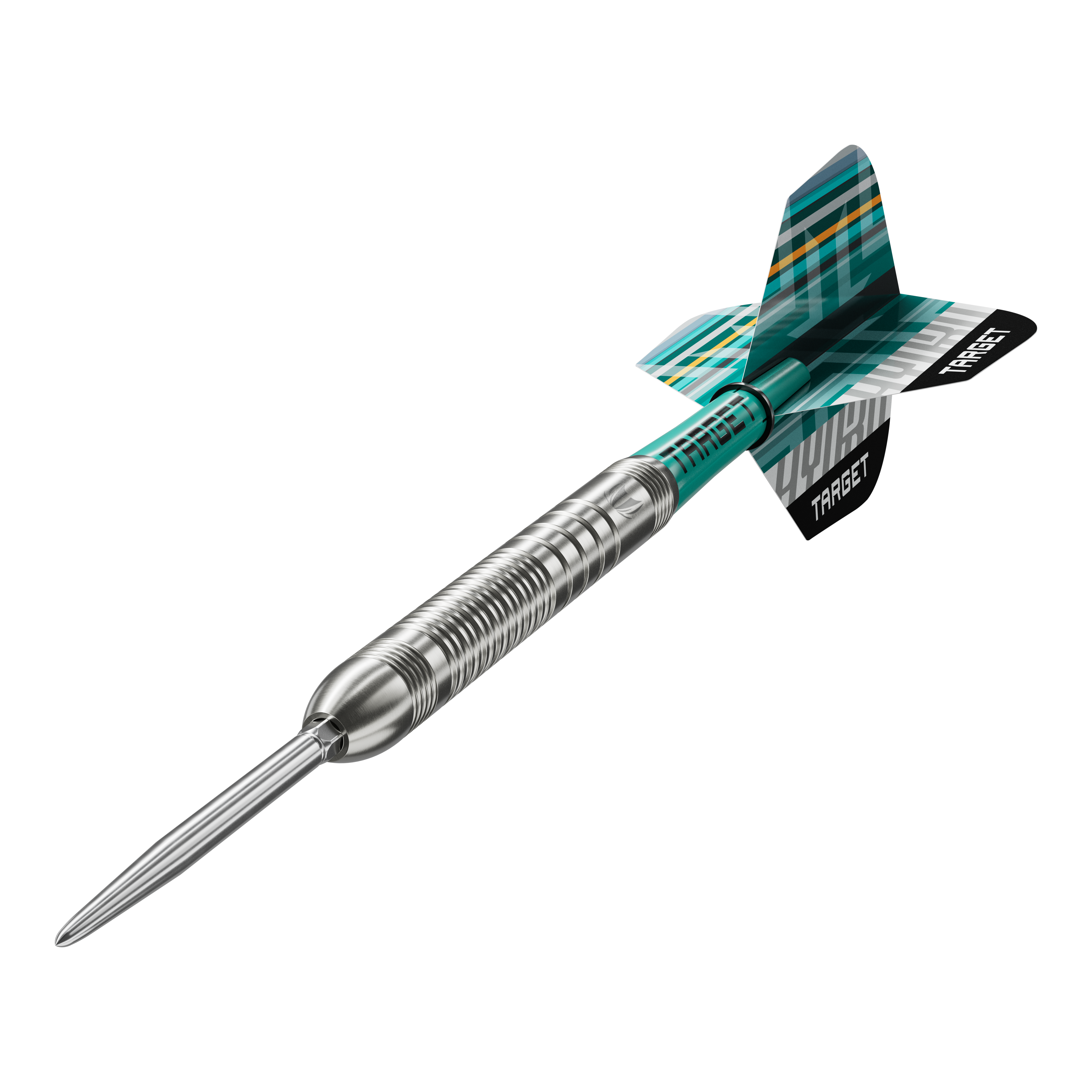Dardos de acero Target Hydro 03 Swiss Point Die Target Hydro 03 Swiss Point Steeldarts sind auf dem Bild zu sehen. Die Nahaufnahme hebt die Details der Darts hervor.