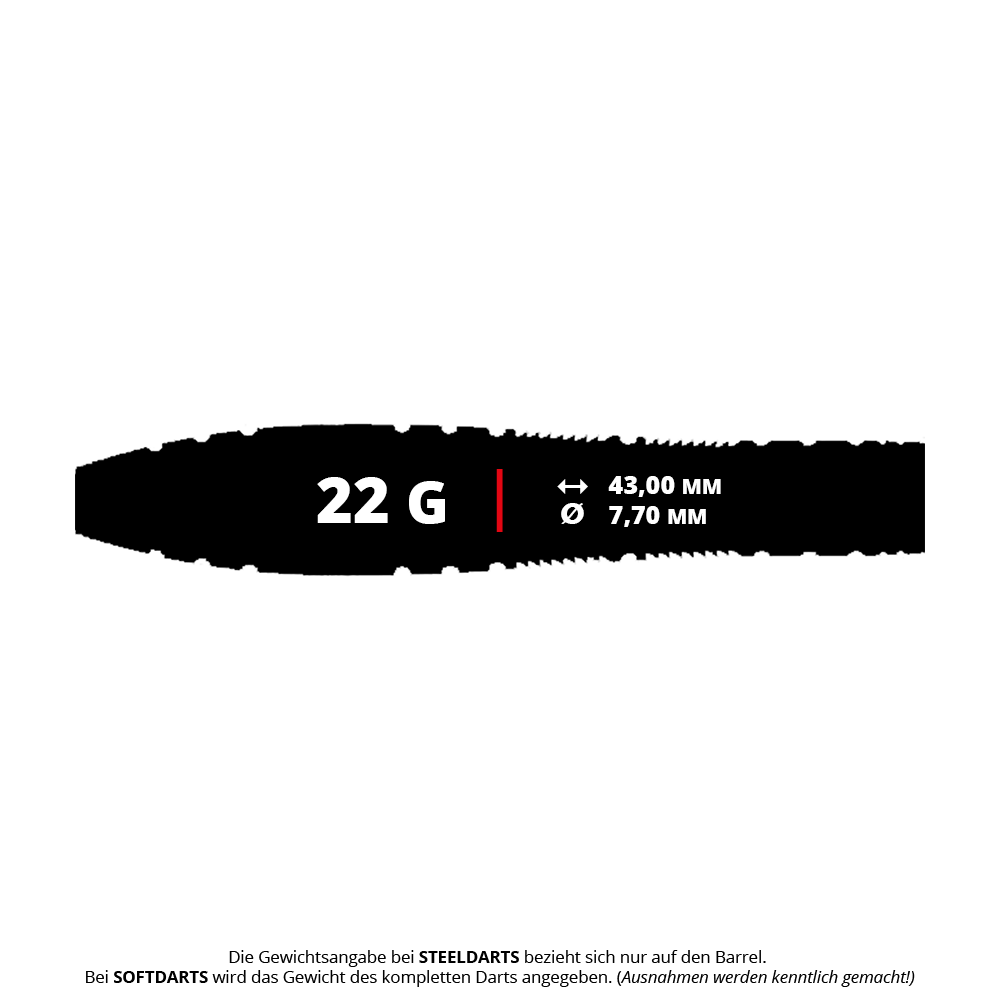 Ocelové šipky Caliburn Wolfpack W2 - 22g Das Bild zeigt den Caliburn Wolfpack W2 Steeldart mit einem Gewicht von 22 Gramm. Die Länge beträgt 43,00 mm und der Durchmesser 7,70 mm.