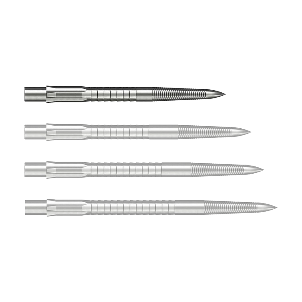 Puntas de dardos Caliburn System de acero - Micro Grip - Plateadas Abgebildet ist eine silberne Caliburn Evo System Steeldartspitze Micro Grip mit 28 mm Länge. Die Spitze liegt deutlich sichtbar auf einem hellen Hintergrund.