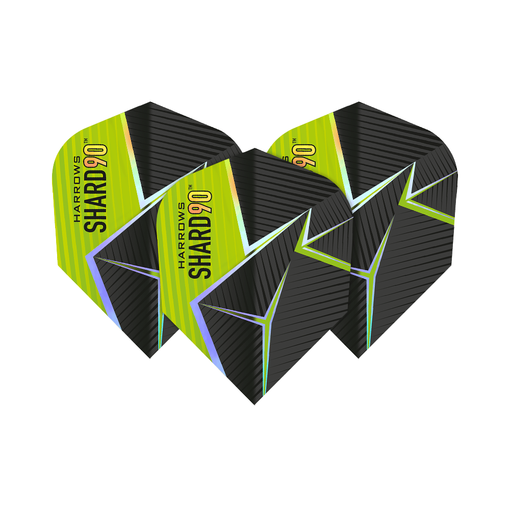 Voli Harrows Prime Shard No6 Das Bild zeigt drei Harrows Prime Shard No6 Flights für Darts. Die Flights haben ein schwarz-gelbes Design mit futuristischen Linien und dem Aufdruck "SHARD 90".