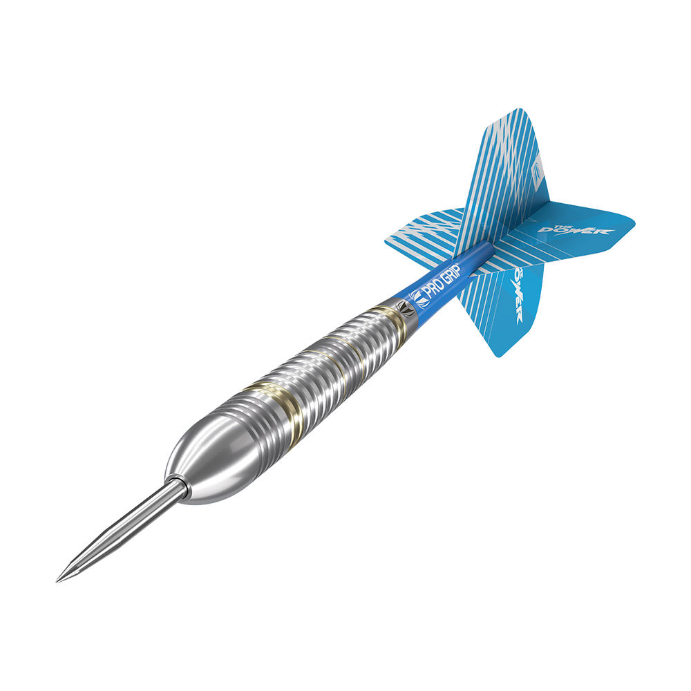170003_Target_Phil_Taylor_Brass_Steeldarts_44vyyVvA5omPrk Das Bild zeigt einen Target Phil Taylor Brass Steeldart mit einem Gewicht von 22g. Der Dart hat einen silbernen Schaft und blaue Flights mit weißen Mustern.