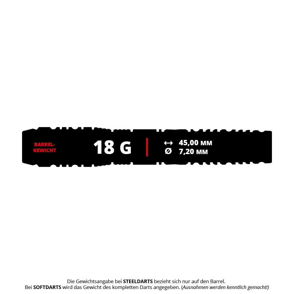 Dardos blandos Target Japan Black Marque Dragon 3 - 18 g Das Bild zeigt die Produktinformationen zu den "Target Japan Black Marque Dragon 3 Softdarts - 18g". Die Darts haben ein Gewicht von 18 Gramm, eine Länge von 45,00 mm und einen Durchmesser von 7,20 mm.