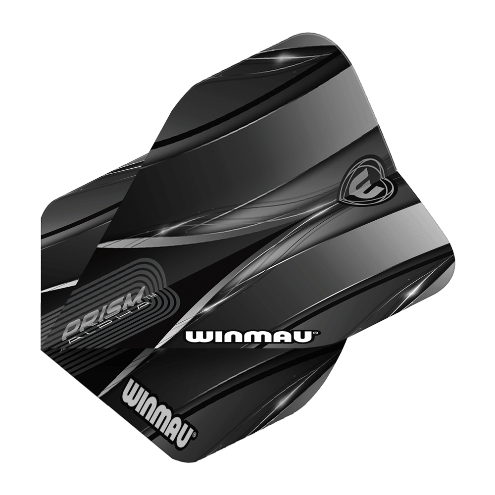 Standardní lety Winmau Alpha Sniper Black Das Bild zeigt das Produkt "Winmau Alpha Sniper Black Standard Flights". Die Flights sind schwarz mit silbernen und grauen Designelementen und tragen das Winmau-Logo.