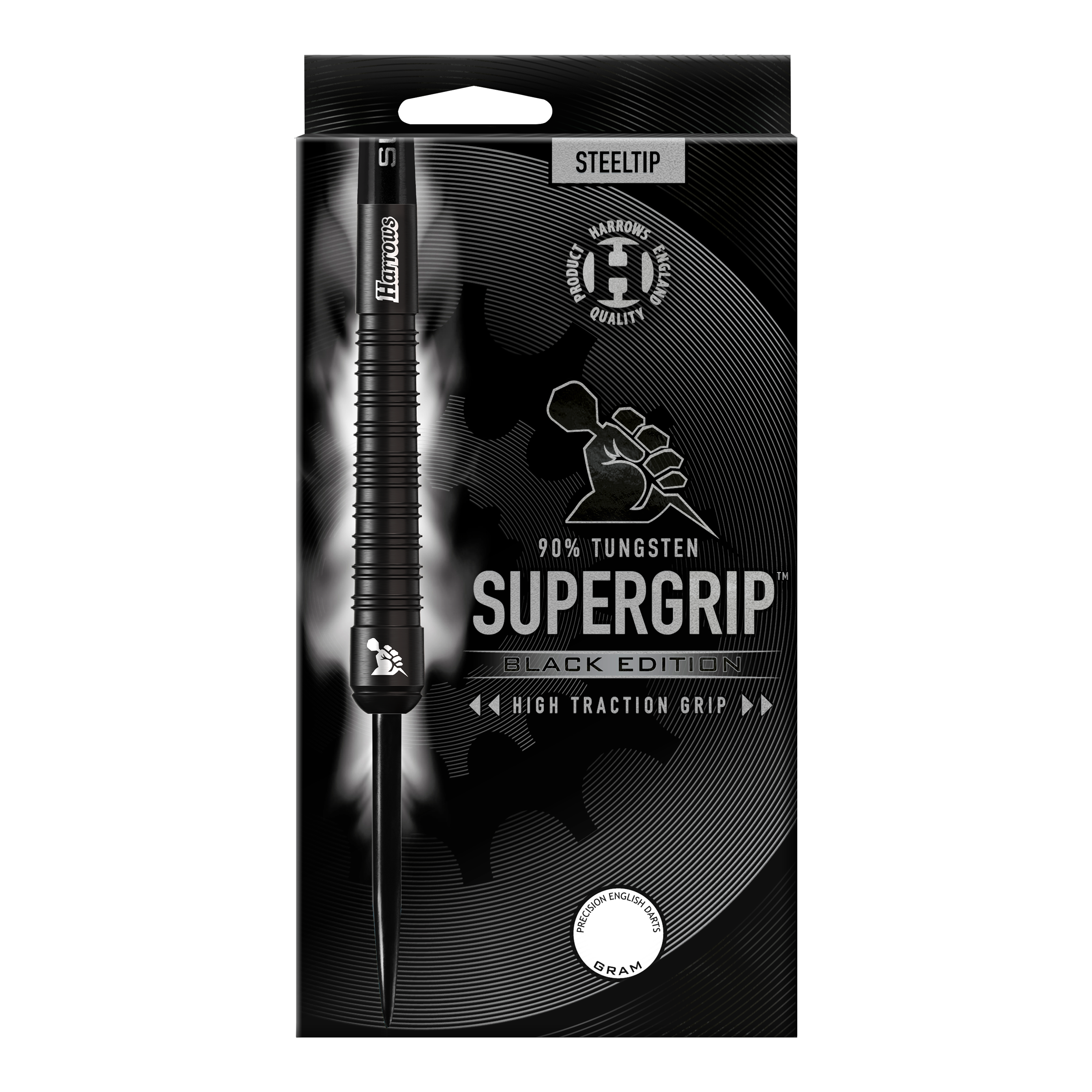 Harrows Supergrip Black-Edition Steeldarts Das Bild zeigt die Verpackung der "Harrows Supergrip Black-Edition Steeldarts". Die Verpackung ist schwarz gehalten und hebt die hohe Griffigkeit sowie einen 90%igen Tungsten-Anteil hervor.