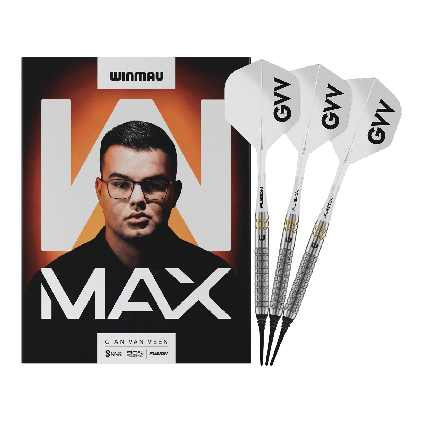 Winmau Gian Van Veen W-MAX Softdarts - 18g werden vollständig dargestellt. Alle Details der drei Darts sind sichtbar.