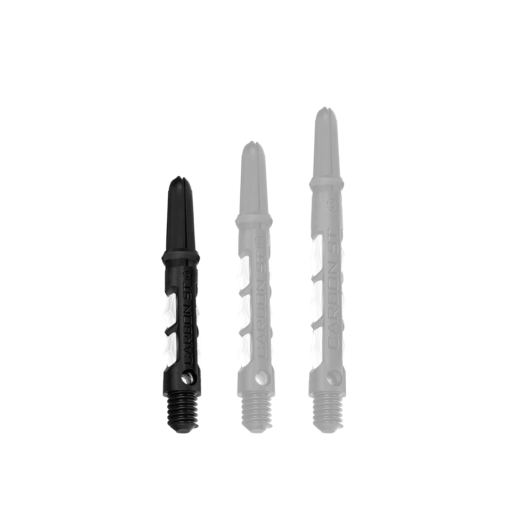 HR437_Harrows_Carbon_ST_Shafts_Weiss_33mm_1bXmIMWHNb3OWY Das Bild zeigt drei Harrows Carbon ST Shafts in Weiß, die nebeneinander stehen. Die Shafts sind unterschiedlich lang und haben ein modernes Design mit schwarzem und weißem Farbanteil.