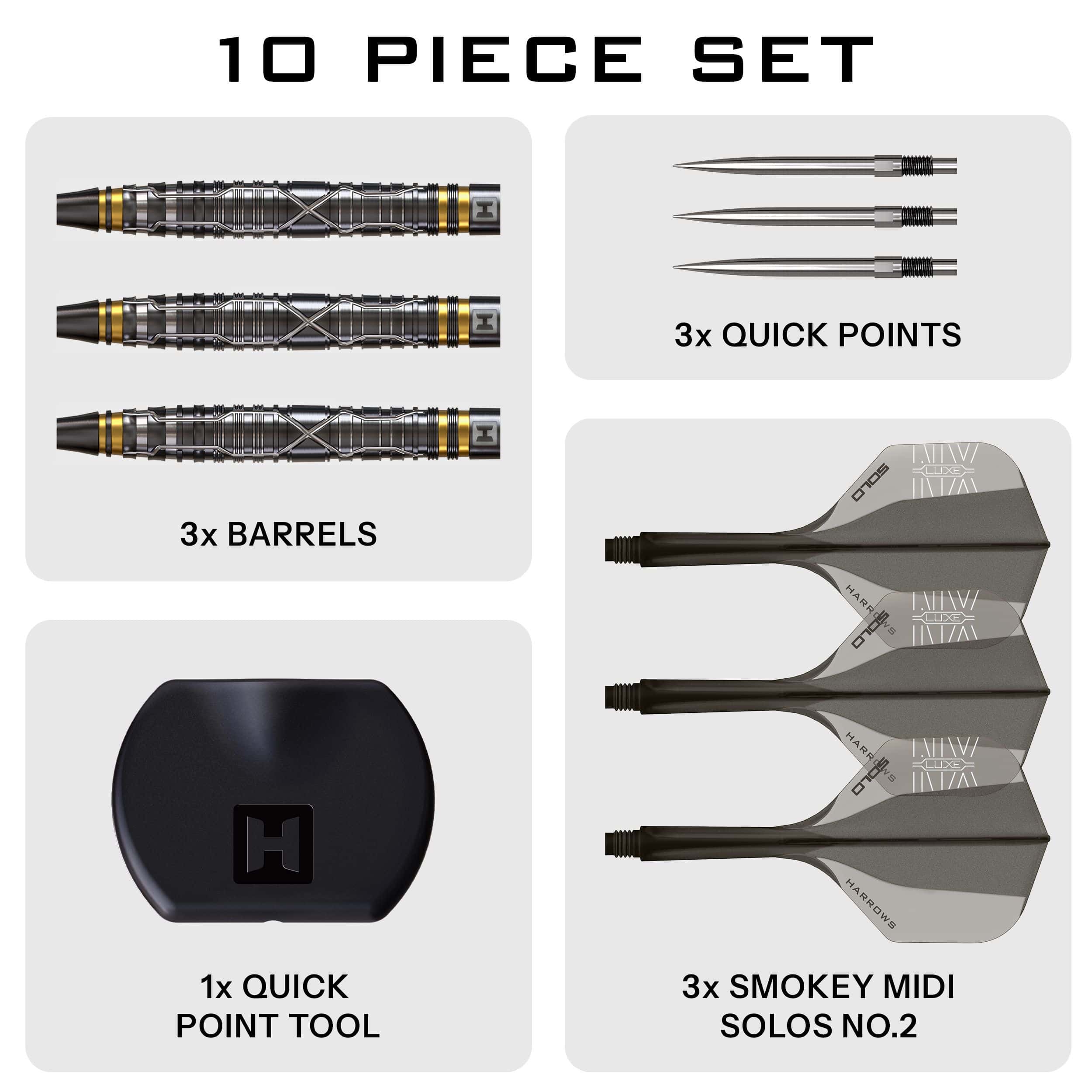 Harrows NX Luxe Tapered Quick Point Steeldarts Abgebildet ist ein Steeldartpfeil mit zulaufender Spitze und strukturierter Oberfläche. Die Form und die Details sind gut erkennbar.