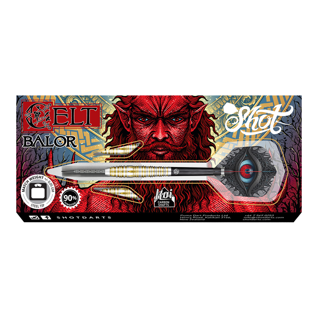 Dardos de acero Shot Celt Balor Das Bild zeigt die Verpackung der "Shot Celt Balor Steeldarts". Im Hintergrund ist ein auffälliges, rotes Fantasy-Gesicht und kunstvolles Design zu sehen.