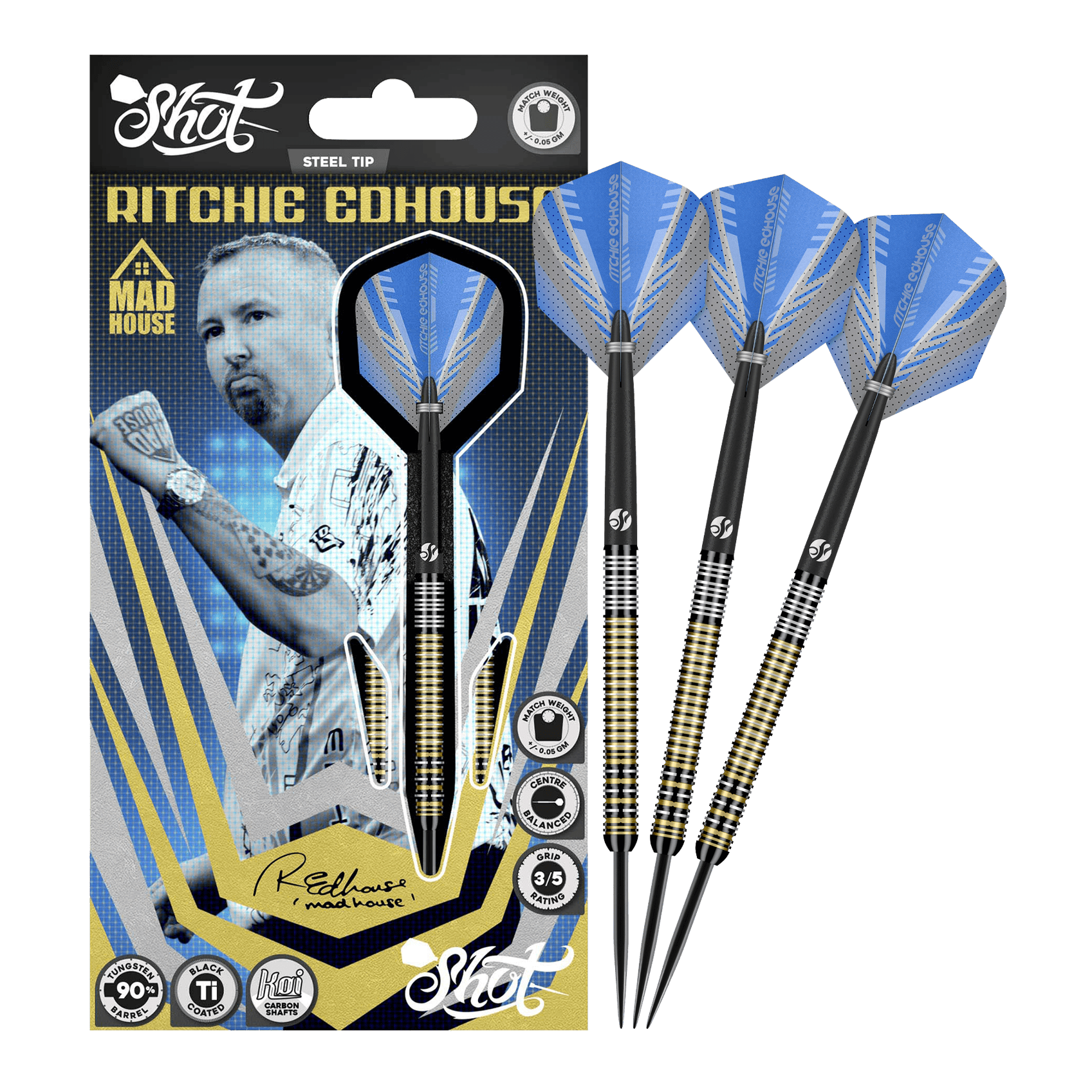 Shot a Ritchie Edhouse Madhouse dardos de acero Das Bild zeigt die Shot Ritchie Edhouse Madhouse Steeldarts in voller Ansicht. Diese Darts zeichnen sich durch ihr einzigartiges Design aus.