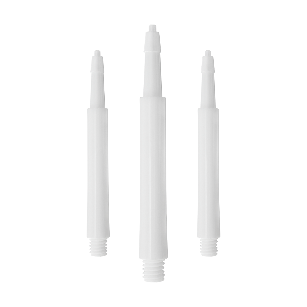 HRC12626W_Harrows_Clic_Standard_Shafts_Weiss_30mm_1WJNxTkqVRaEoq Das Bild zeigt drei weiße Harrows Clic Standard Shafts für Darts. Sie sind aus Kunststoff gefertigt und haben am unteren Ende ein Gewinde.
