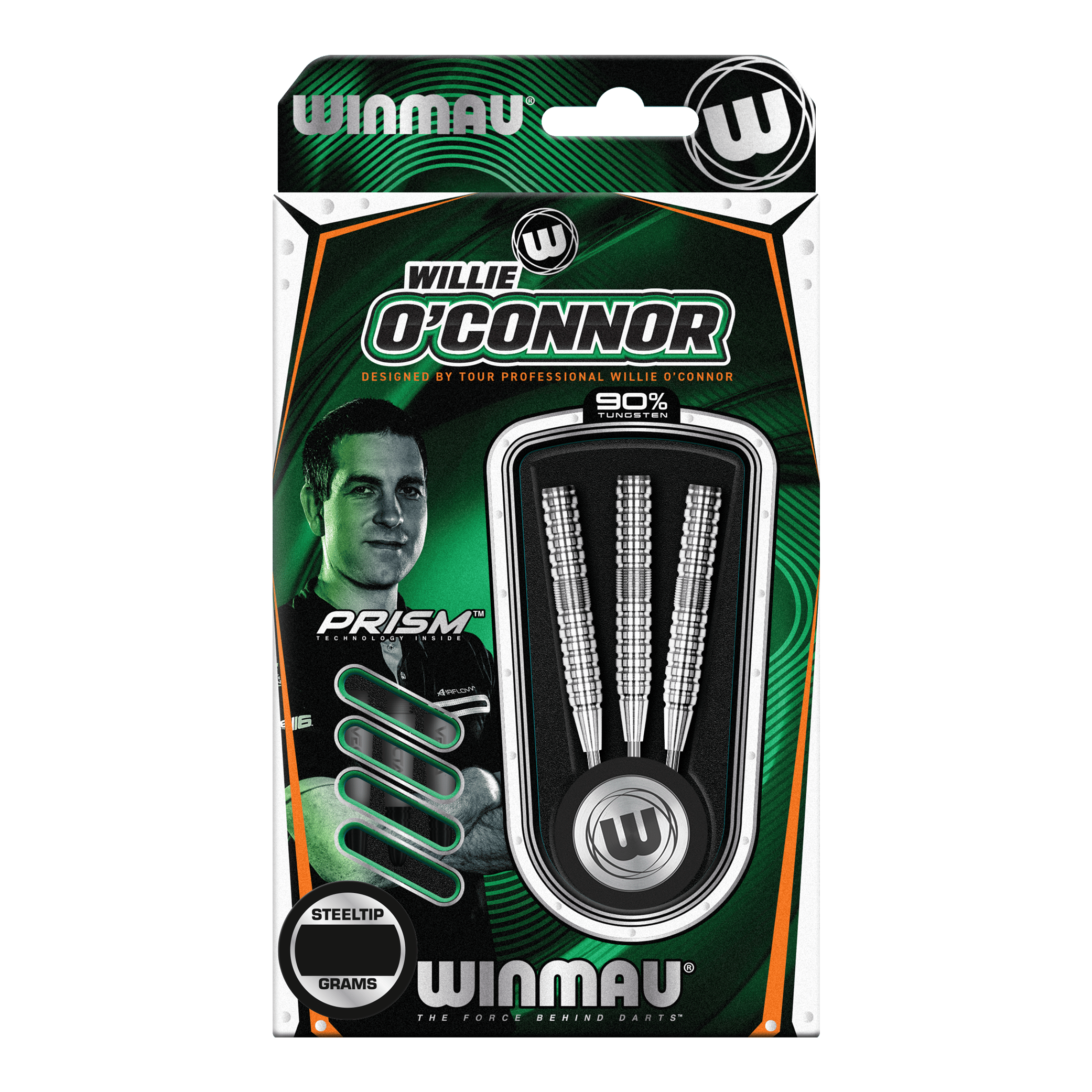 Šipky Winmau Willie O'Connor ocelové - 23g Die Verpackung zeigt die Winmau Willie O’Connor Steeldarts mit einem Gewicht von 23 Gramm. Im Inneren sind drei silberne Steeldarts zu sehen.
