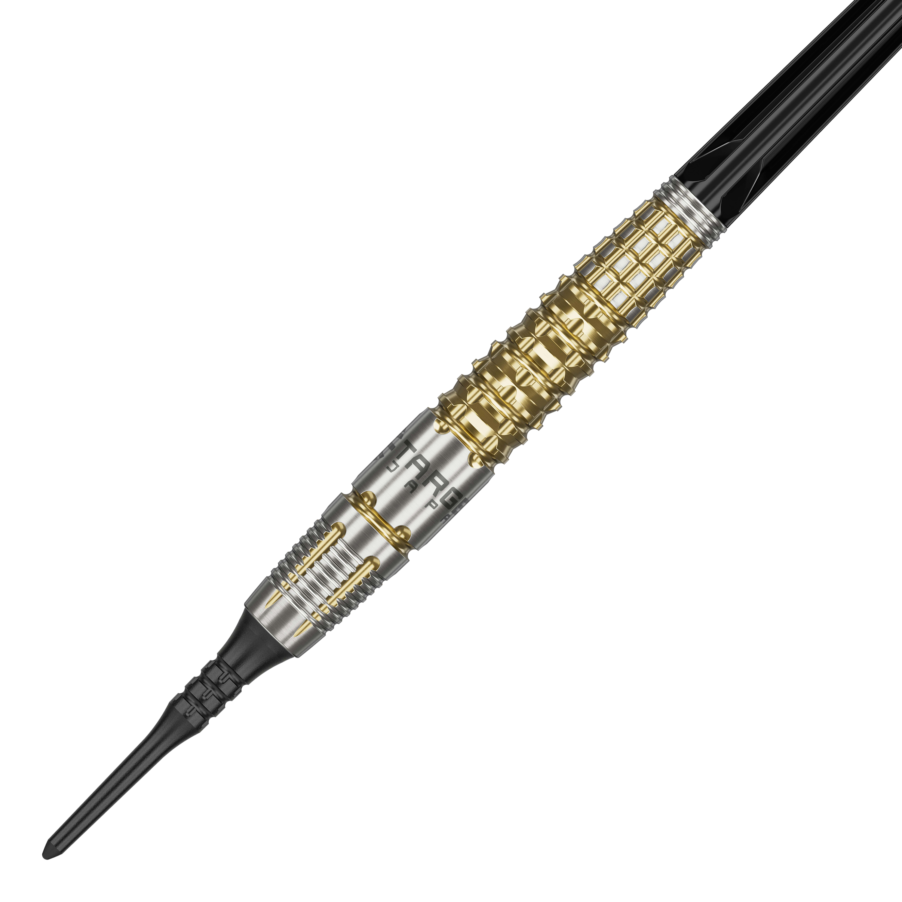 Dardos blandos Target Japan Black Marque Warrior - 18,5 g Das Bild zeigt einen Softdart namens "Target Japan Black Marque Warrior" mit einem Gewicht von 18,5g. Der Dart hat ein auffälliges Design mit goldenen und silbernen Elementen sowie einer schwarzen Spitze.