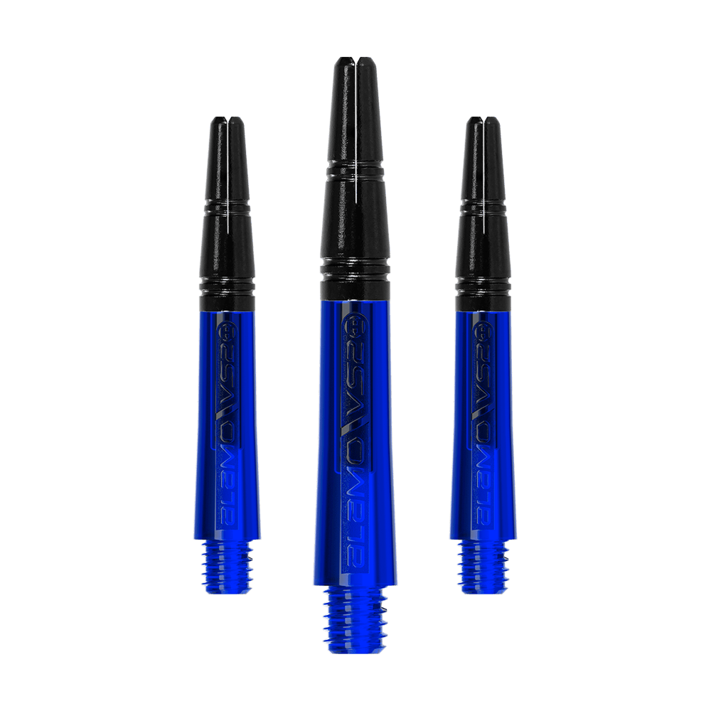 Alberi Alamo VS2 di Harrow - Blu Das Bild zeigt drei blaue Dartschäfte mit schwarzem oberen Teil. Sie sind nebeneinander angeordnet und haben ein glänzendes Design.