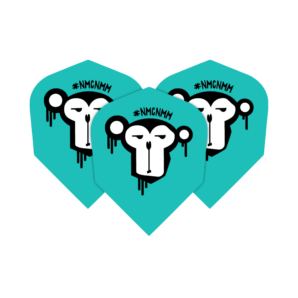 Nie mój cyrk, nie moje małpy, loty standardowe NMCNMM Das Bild zeigt drei türkisfarbene Darts-Flights mit dem Aufdruck eines stilisierten Affengesichts. Über dem Affenkopf steht die Abkürzung "#NMCNMM".