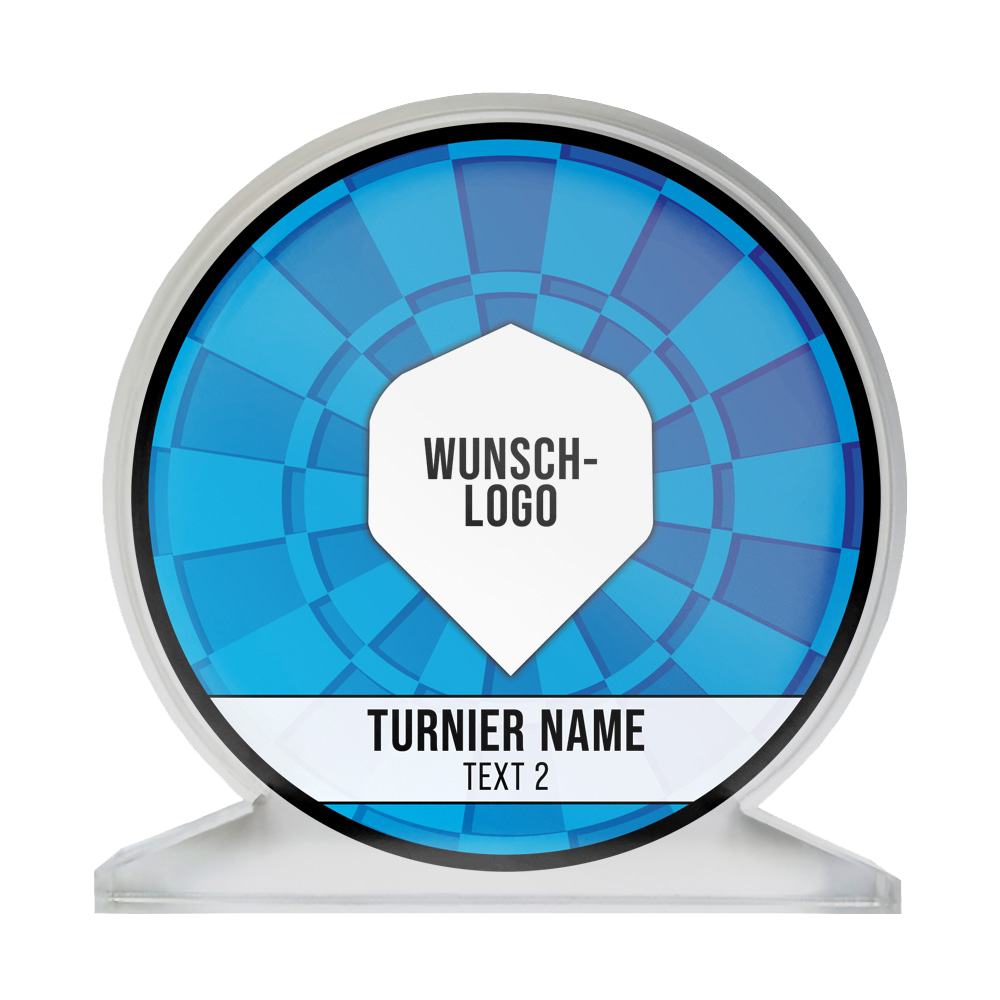 ACP-Blau_Acrylglas_Pokal_mit_Wunschdruck_Logo_Blau_1 Dies ist ein runder Pokal aus Acrylglas mit einem blauen Muster. In der Mitte steht "Wunsch-Logo" und darunter "Turnier Name" und "Text 2".