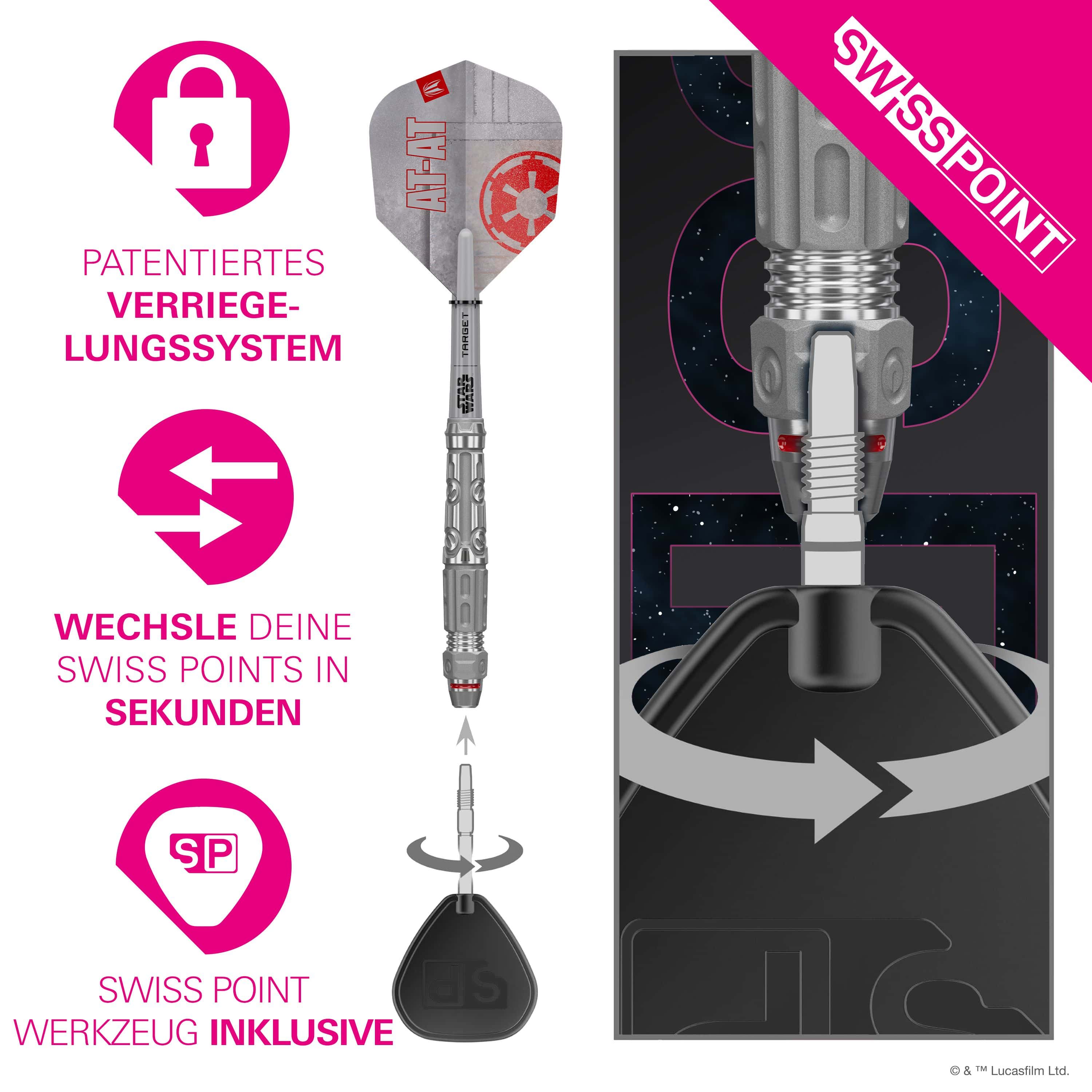Target Star Wars AT-AT Swiss Point Steeldarts Hier sind die Target Star Wars AT-AT Swiss Point Steeldarts abgebildet. Die Darts haben ein einzigartiges Design aus dem Star Wars Universum.