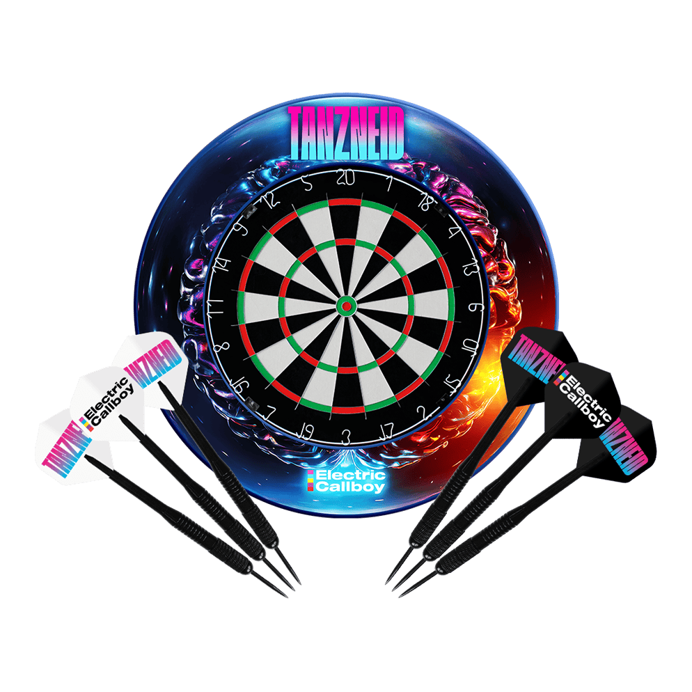 Electric Callboy Tanzneid Steeldartboard und Surround Bundle Gezeigt wird das Electric Callboy Tanzneid Steeldartboard und Surround Bundle. Das Set beinhaltet eine Dartscheibe und Umrandung.