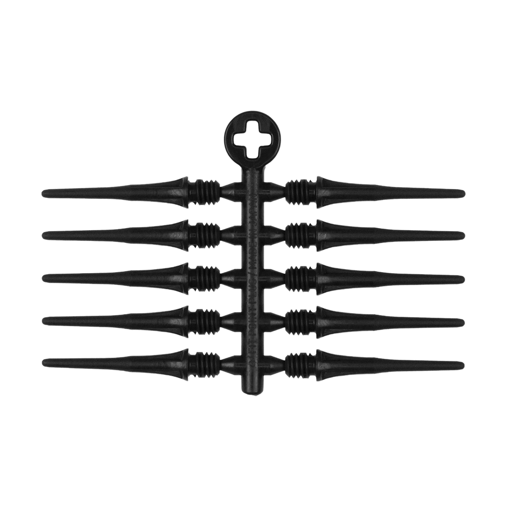 X9048_Cosmo_Fit_Point_Plus_2BA_Spitzen_Schwarz_2gduAjlcKUcAH0 Das Bild zeigt mehrere schwarze Dartspitzen, die an einem Plastikträger befestigt sind. Es handelt sich um das Produkt "Cosmo Fit Point Plus 2BA Spitzen 25mm (50er Pack)".
