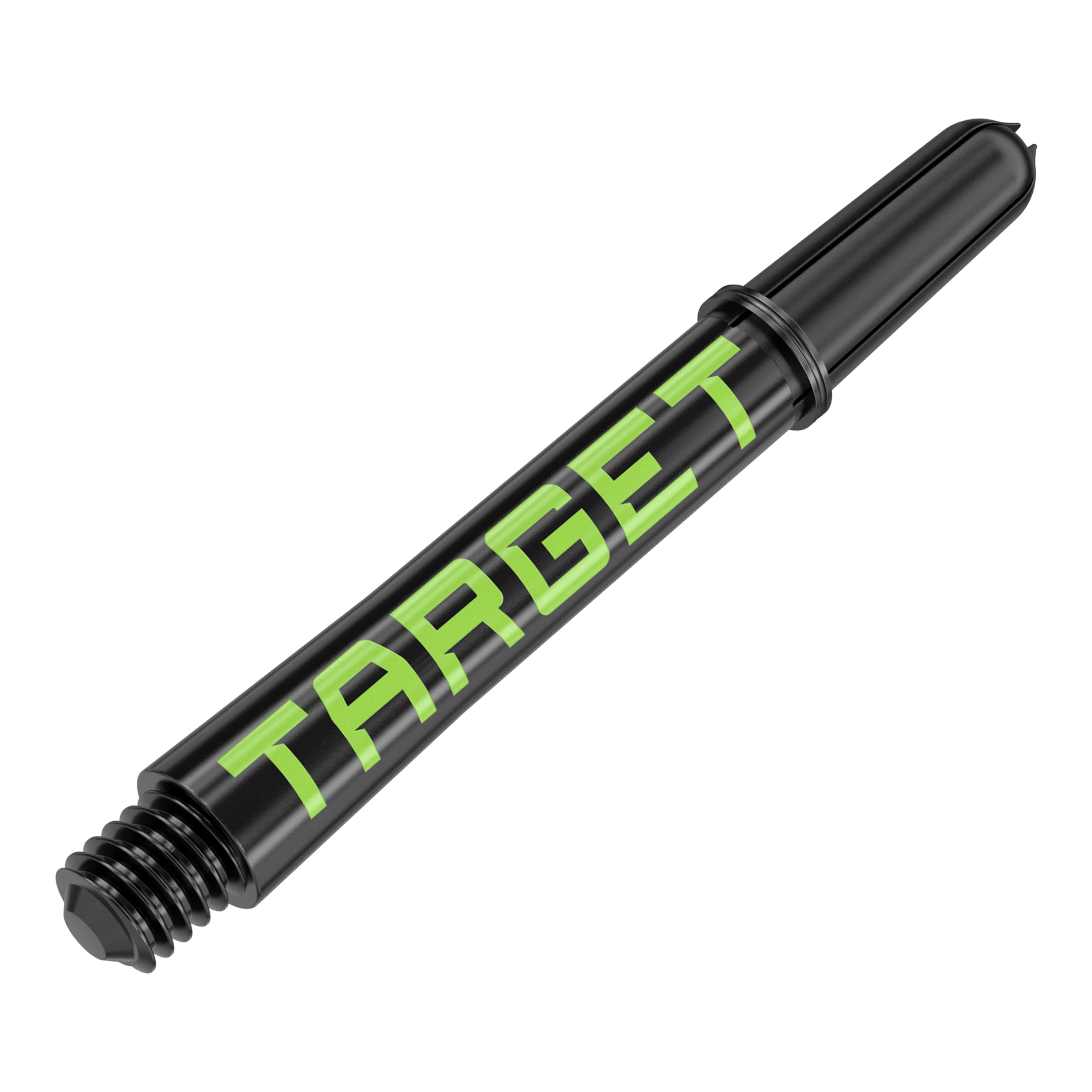 Tiges Target Pro Grip TAG - 3 jeux - Noir Vert Das Bild zeigt einen schwarzen Dart-Schaft mit grünem Schriftzug „TARGET“. Der Schaft hat ein Schraubgewinde an einem Ende.