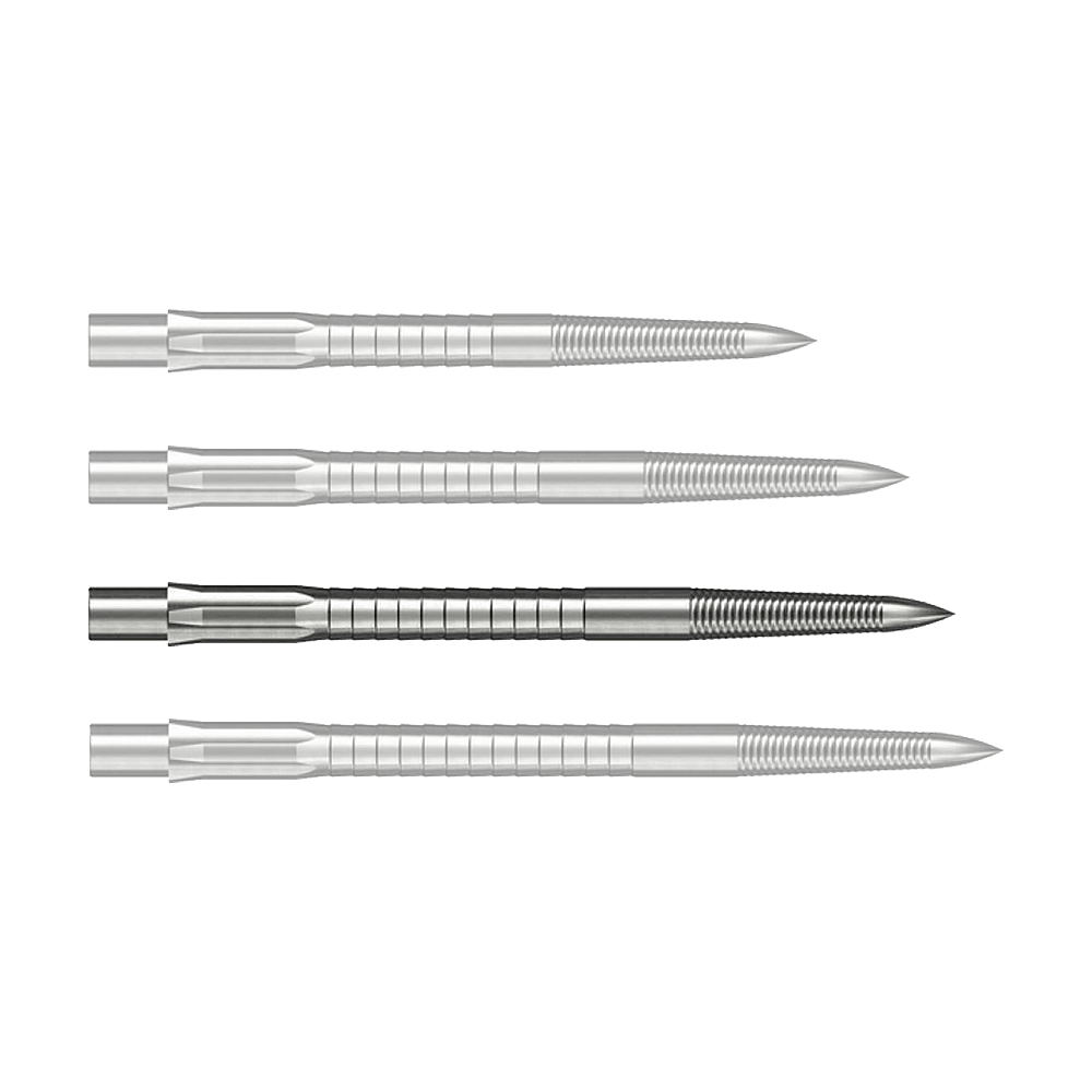 Das Bild zeigt Steeldartspitzen mit Micro Grip im Silber-Design, 36mm lang. Das Produkt ist auf weißem Hintergrund zu sehen.