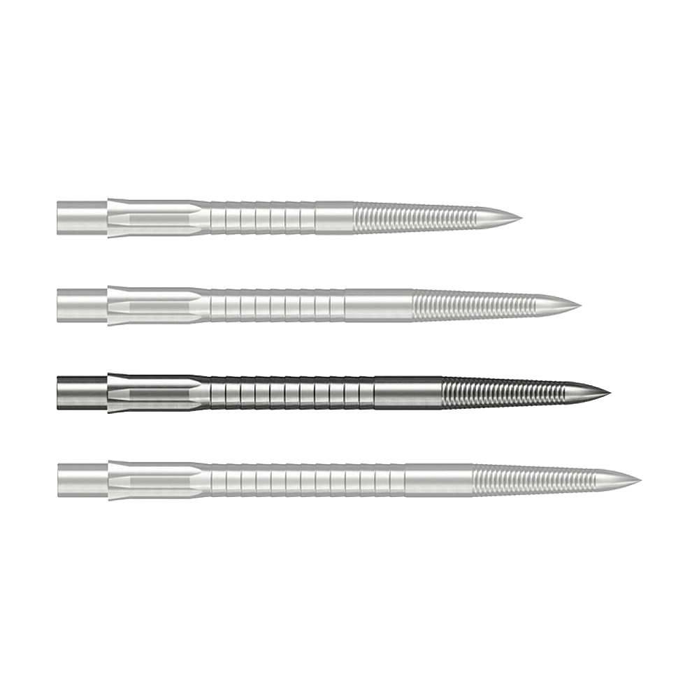 Caliburn System Steel Dart Tips - Micro Grip - Silver Das Bild zeigt Steeldartspitzen mit Micro Grip im Silber-Design, 36mm lang. Das Produkt ist auf weißem Hintergrund zu sehen.