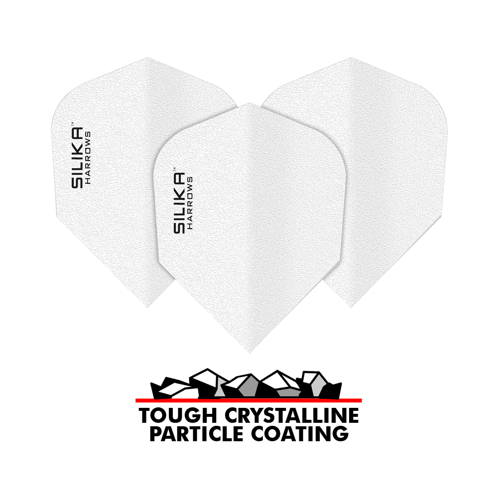Harrows Silica Solid Houževnatý krystalický povlak White No6 Flights Das Bild zeigt drei weiße Dartflights mit der Aufschrift "SILIKA HARROWS". Darunter steht "TOUGH CRYSTALLINE PARTICLE COATING" zusammen mit einer grafischen Darstellung von Kristallen.