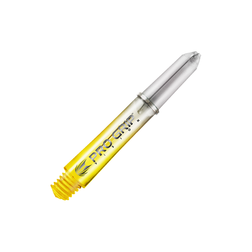 Aste Target Pro Grip Vision - 3 set - Giallo Das Bild zeigt einen gelben Dart-Schaft mit der Aufschrift "Pro Grip Vision". Der Schaft ist durchsichtig und hat ein modernes Design.
