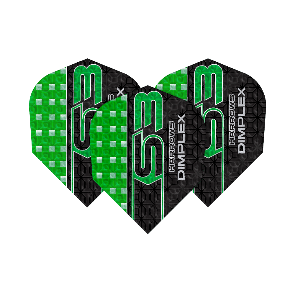 Harrows Dimplex S3 Flights - Verde Das Bild zeigt drei grüne und schwarze Dart-Flights des Modells "Harrows Dimplex S3". Auf den Flights steht der Text "Harrows Dimplex S3" in grüner und weißer Schrift.