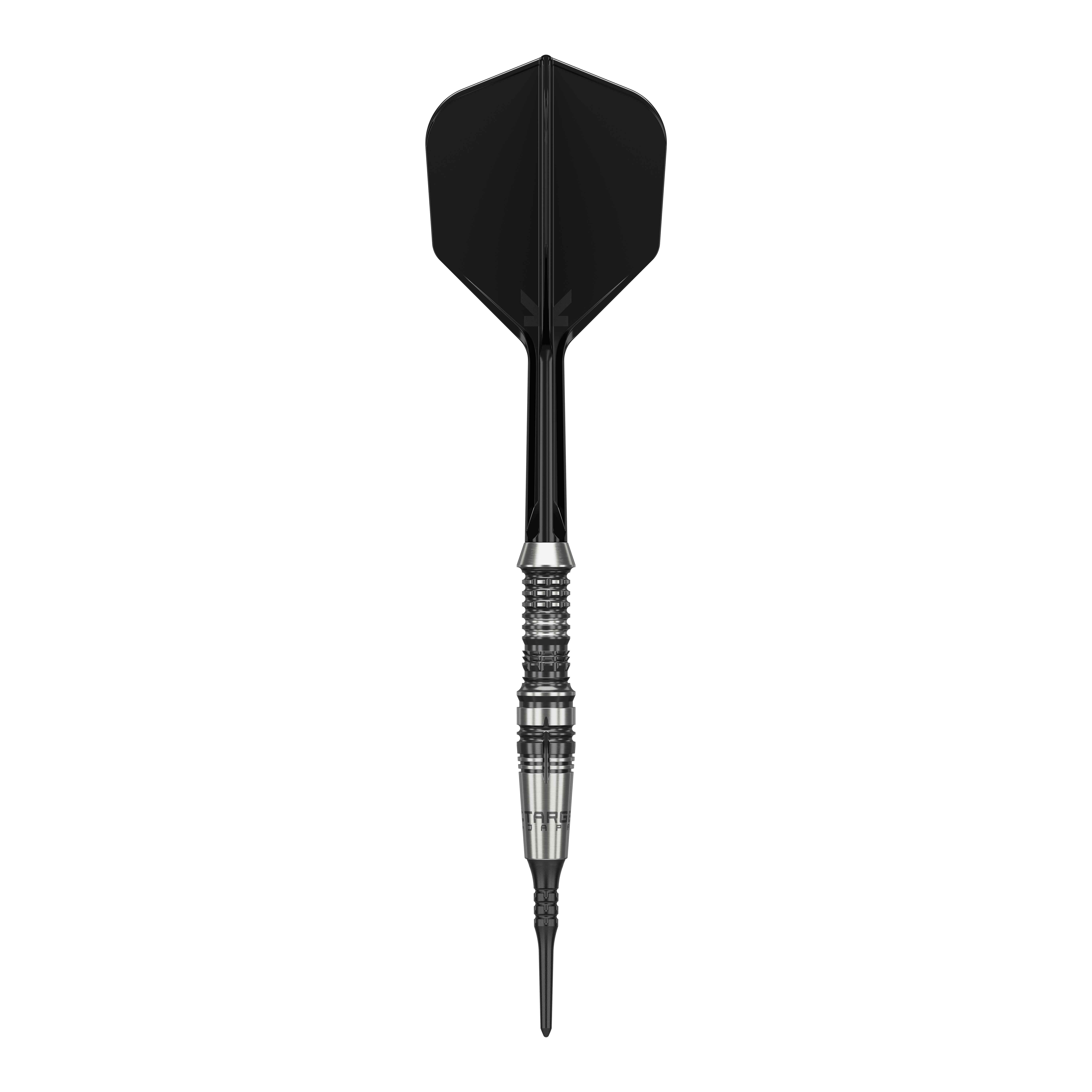 Měkké šipky Target Japan Black Marque Heracles - 18g Das Bild zeigt einen Softdart der Marke 'Target Japan Black Marque Heracles' mit einem Gewicht von 18g. Der Dart hat ein elegantes Design mit schwarz-silbernem Barrel und schwarzer Spitze sowie Flight.